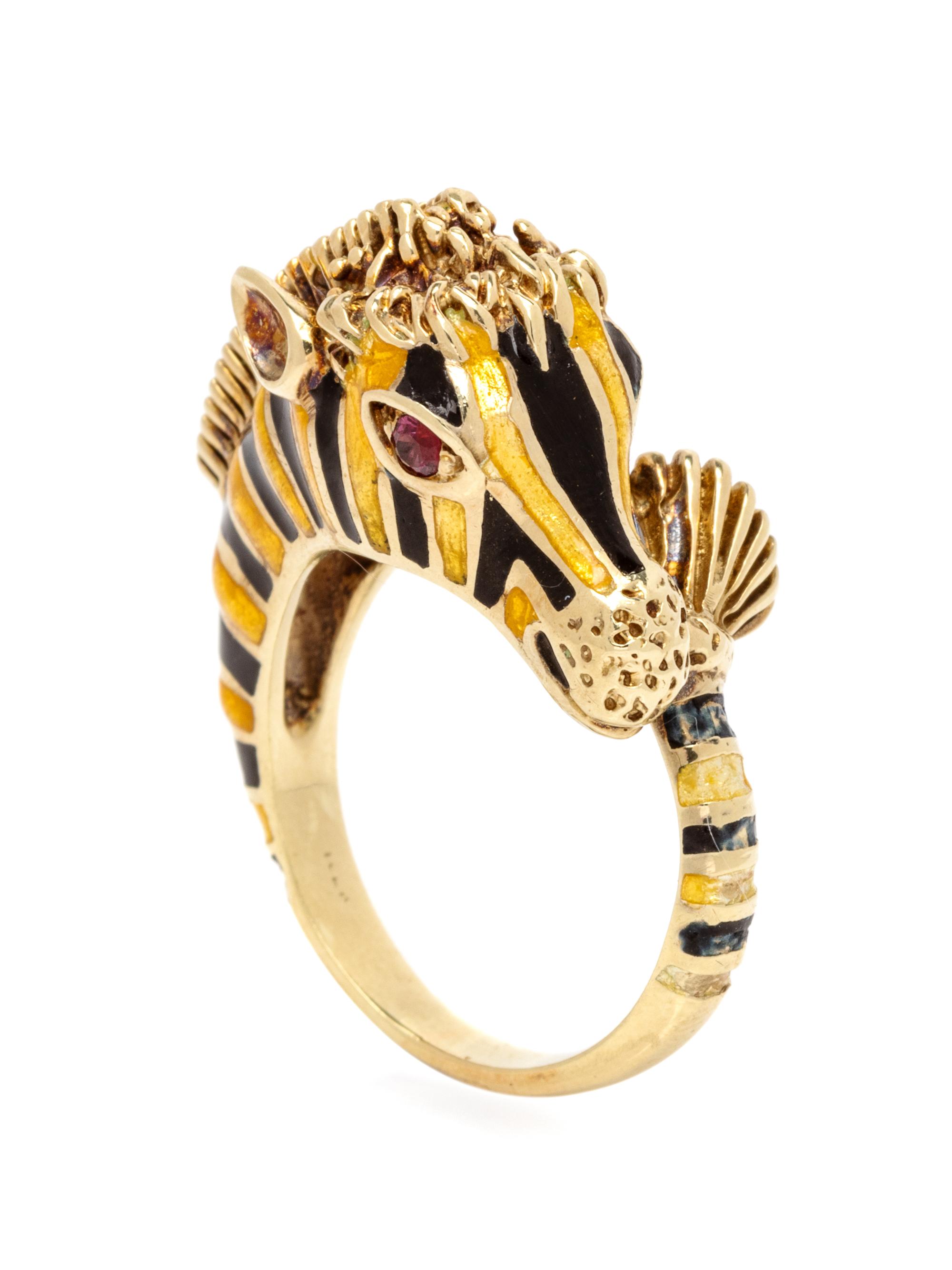 A 14 Karat Yellow Gold, Ruby and Enamel Zebra Ring, Martine,