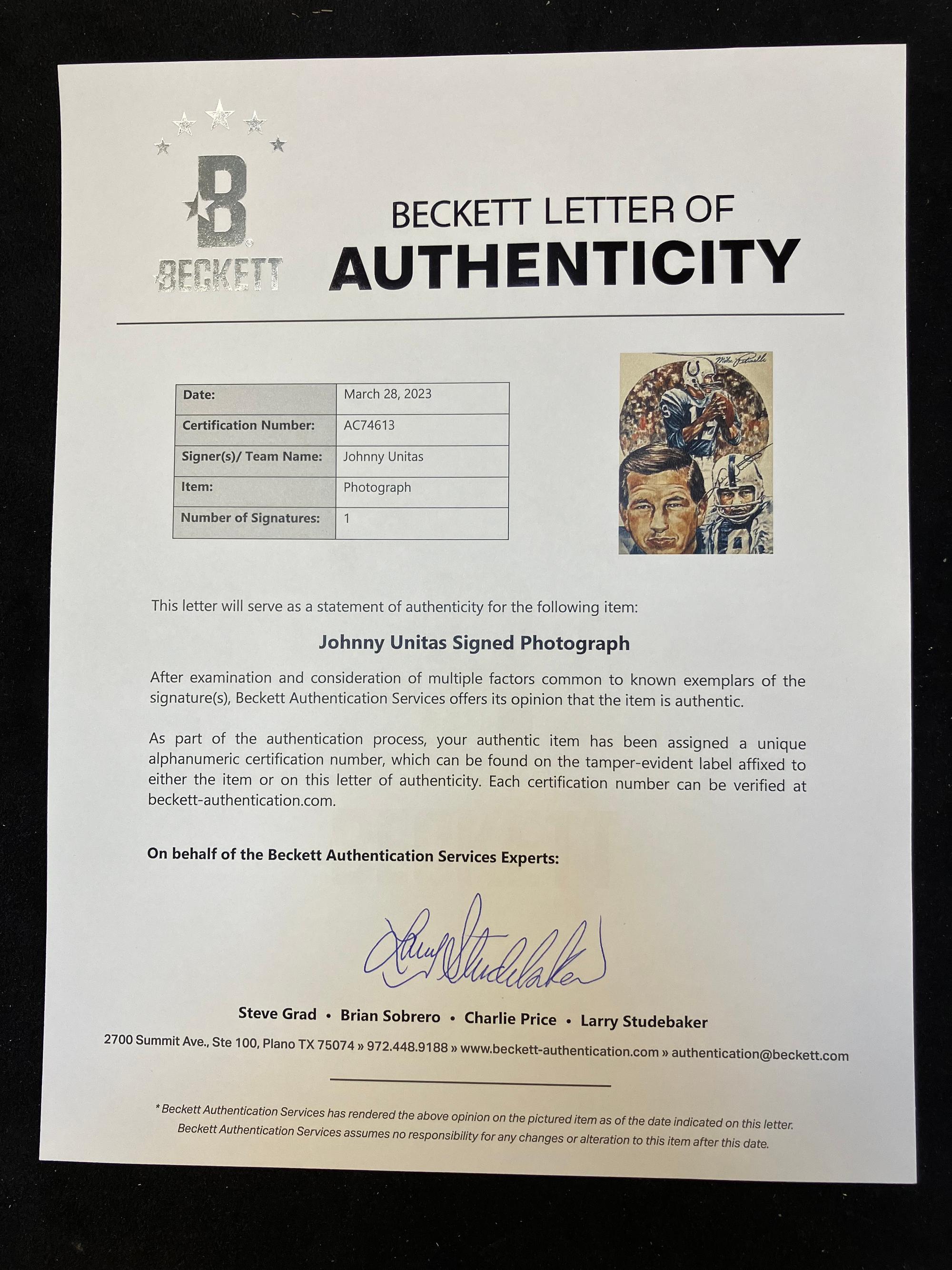 A Group of Johnny Unitas and Bart Starr Signed Autograph Photographs (Beckett Authentication Services Letters),