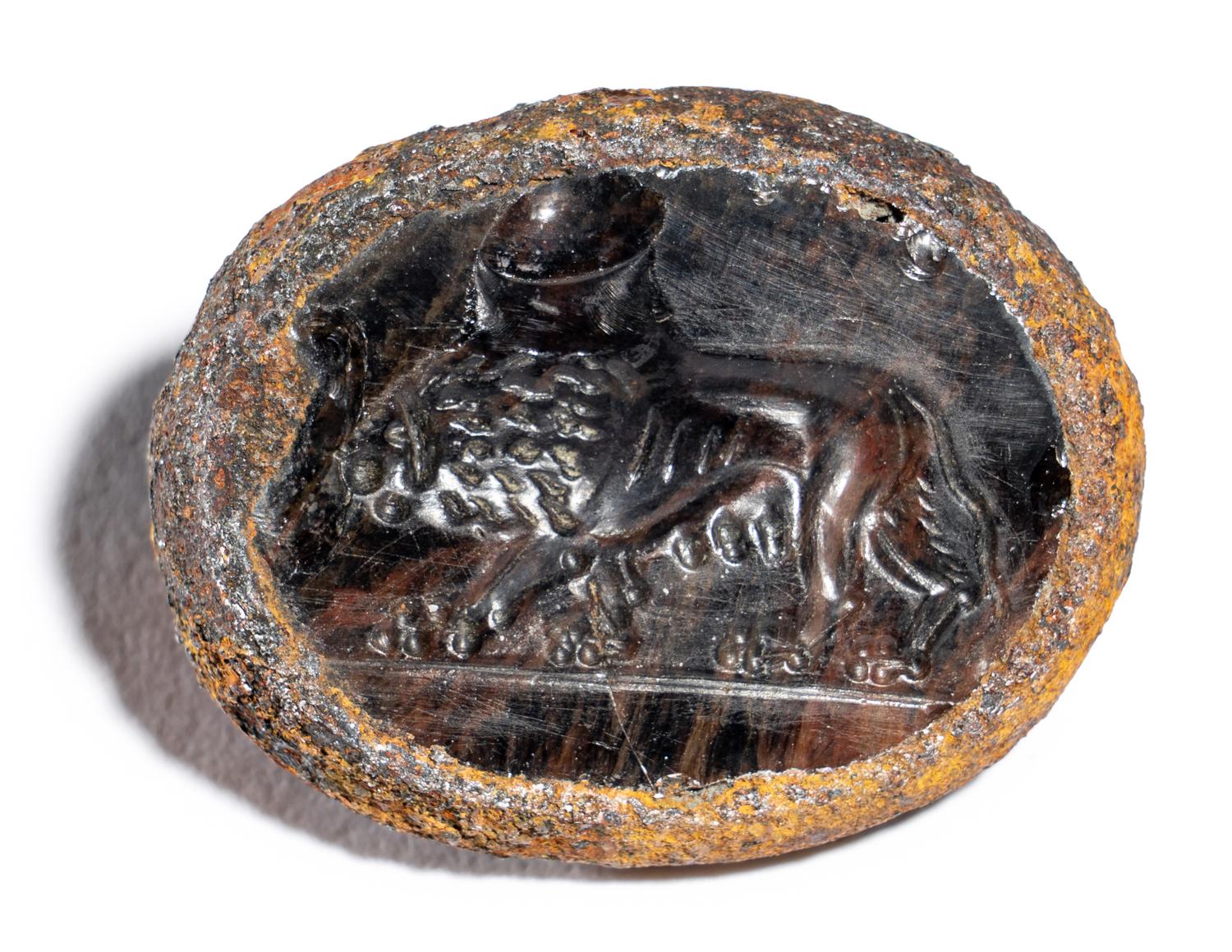 A Roman Agate and Iron Finger Ring with a Lion