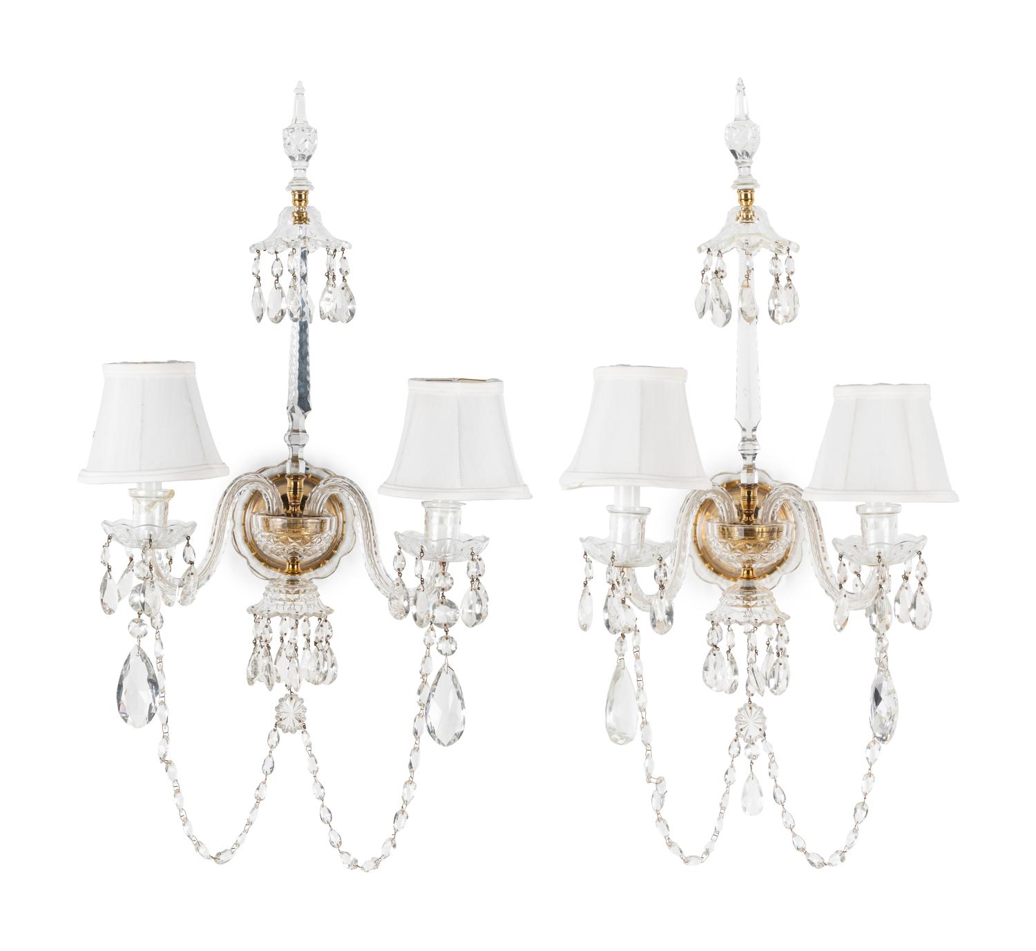 A Pair of Georgian Style Cut Glass Two-Light Sconces