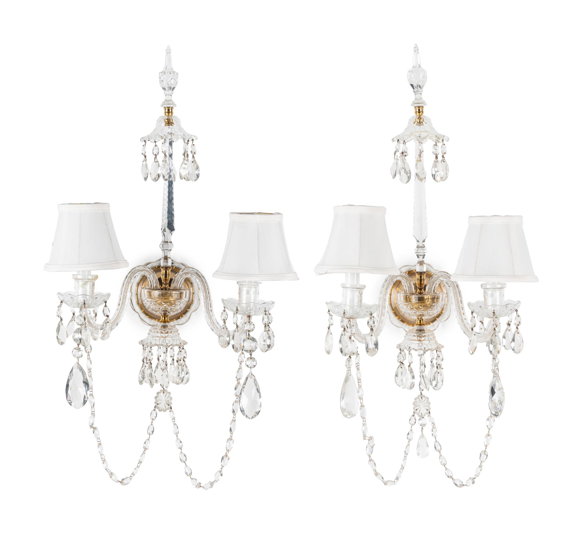A Pair of Georgian Style Cut Glass Two-Light Sconces