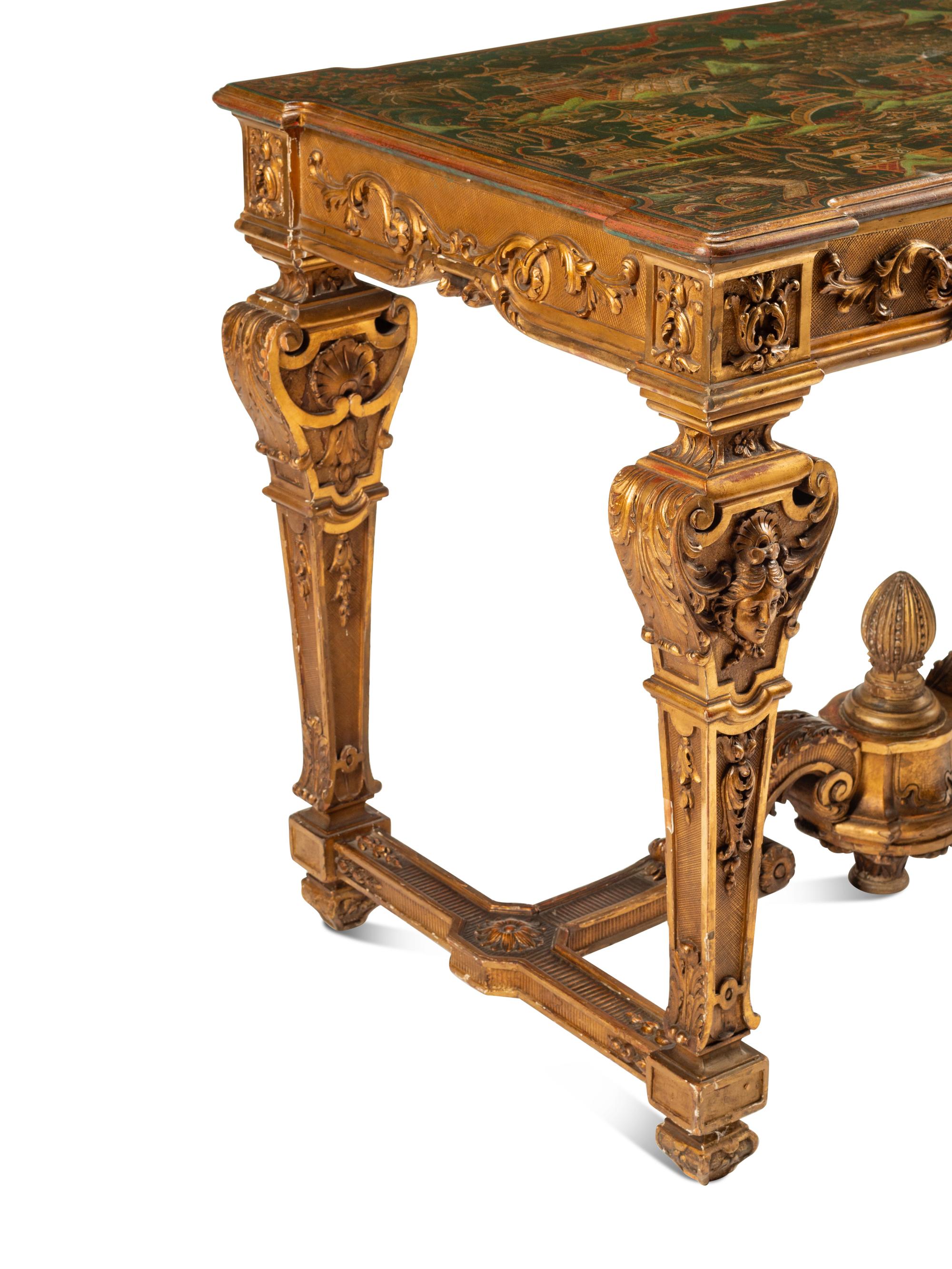 A Louis XIV Style Giltwood Painted-Top Table
