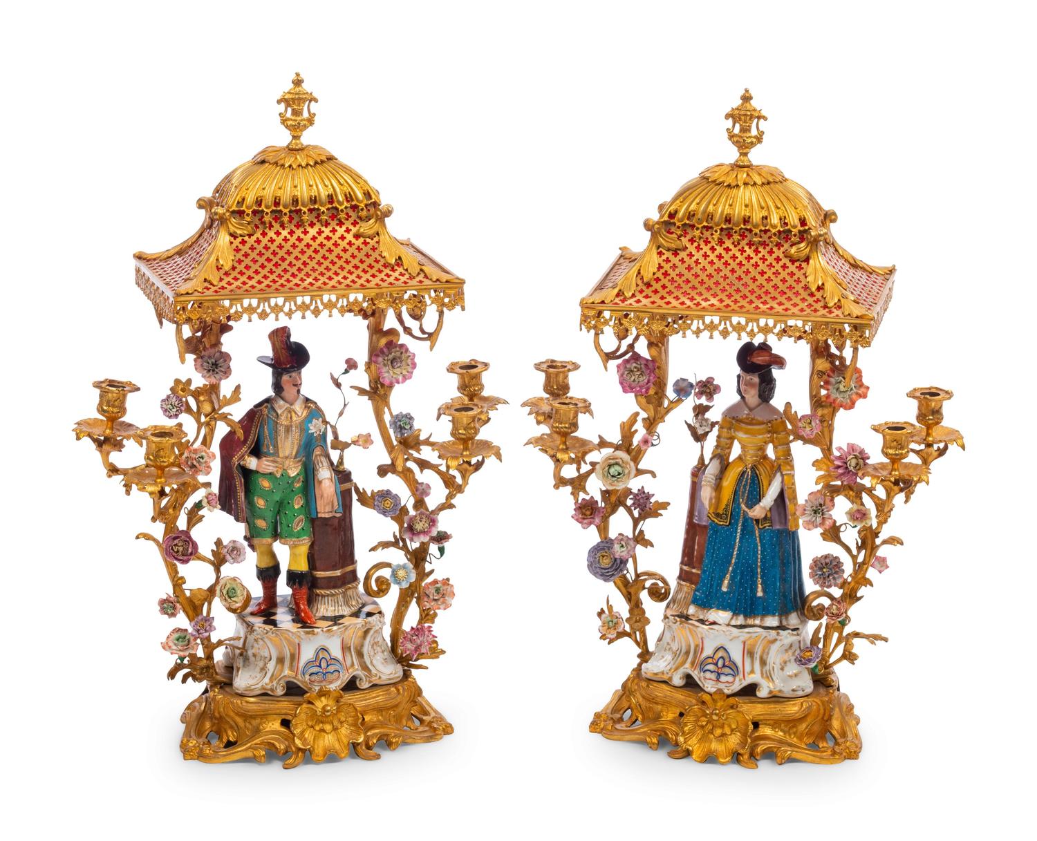 A Pair of French Gilt Bronze and Porcelain Figural Four-Light Candelabra