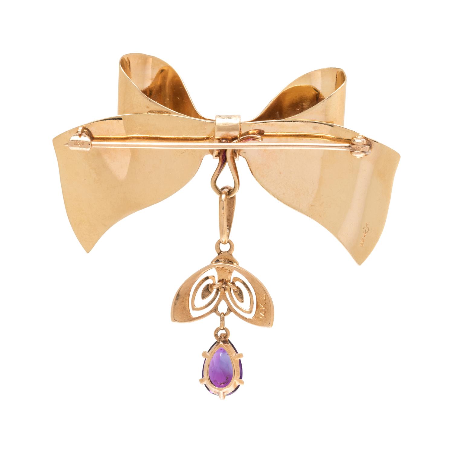 YELLOW GOLD, AMETHYST AND SEED PEARL CONVERTIBLE BOW BROOCH