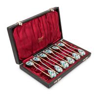 A Set of Twelve Russian Silver-Gilt and Enamel Teaspoons