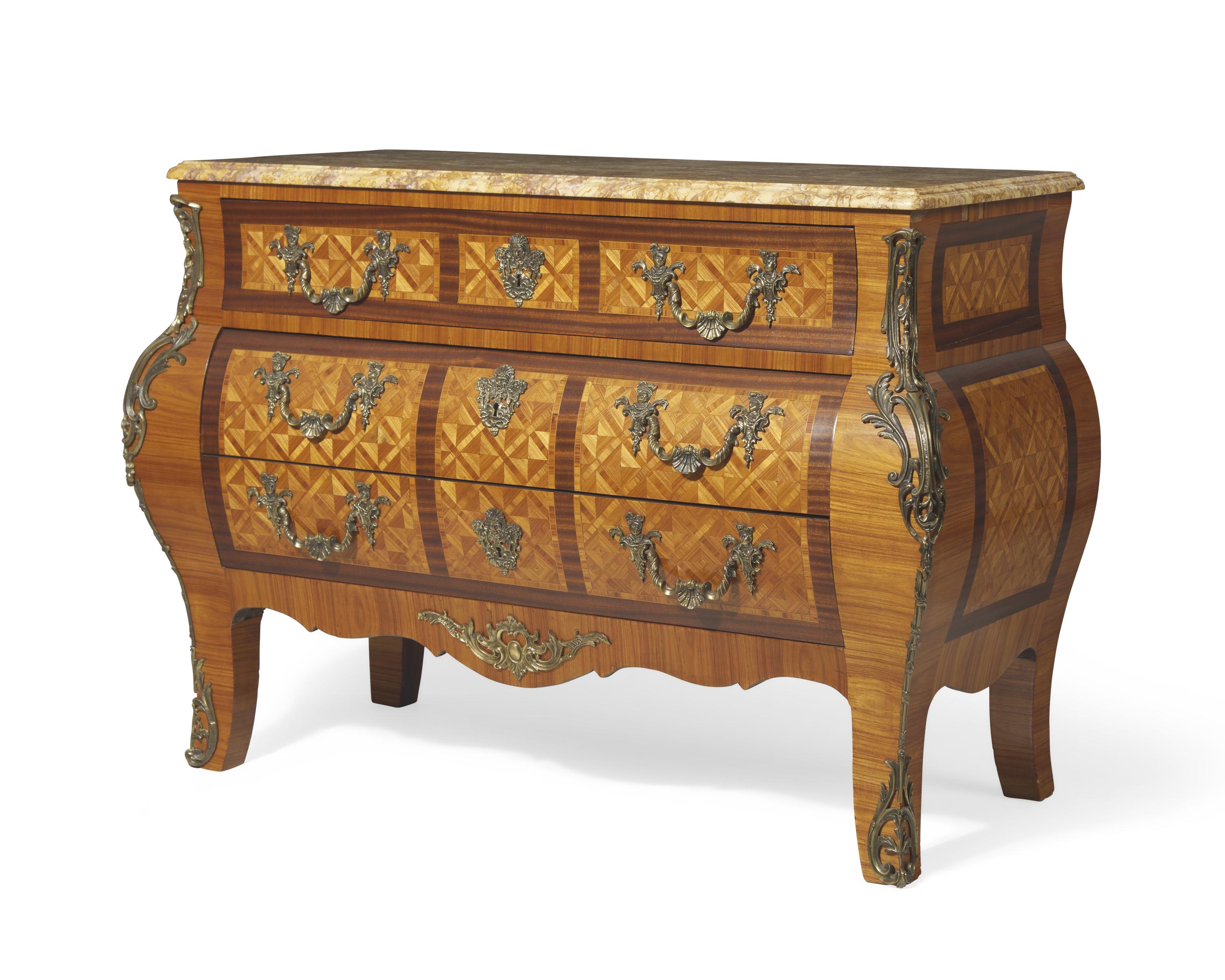 A Louis XV Style Gilt-Bronze Mounted Parquetry Bombé Commode with Breccia Persichina Marble Top