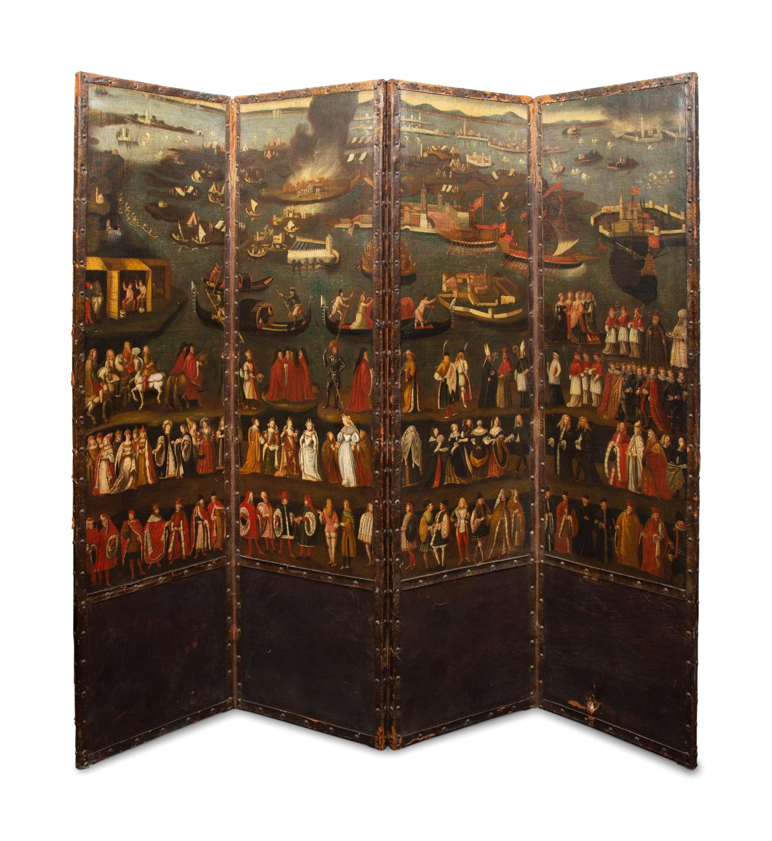 A Continental Painted Leather Four-Panel Screen