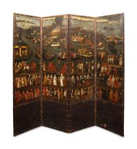A Continental Painted Leather Four-Panel Screen