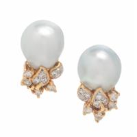 Cultured Pearl, Diamond, and Yellow Gold Earrings