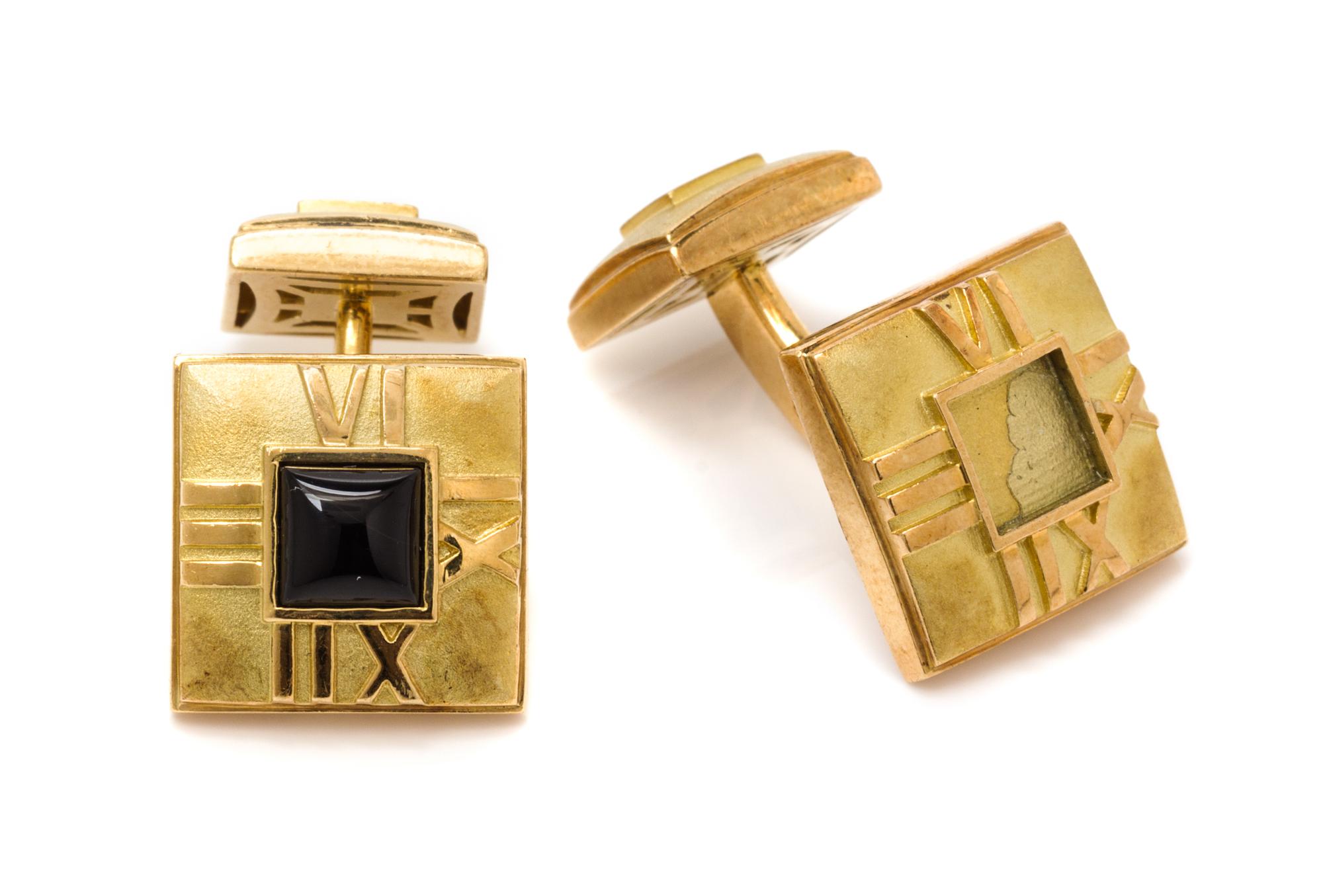 A Pair of 18 Karat Yellow Gold and Onyx "Atlas" Cufflinks, Tiffany & Co., Italy, 13.80 dwts.