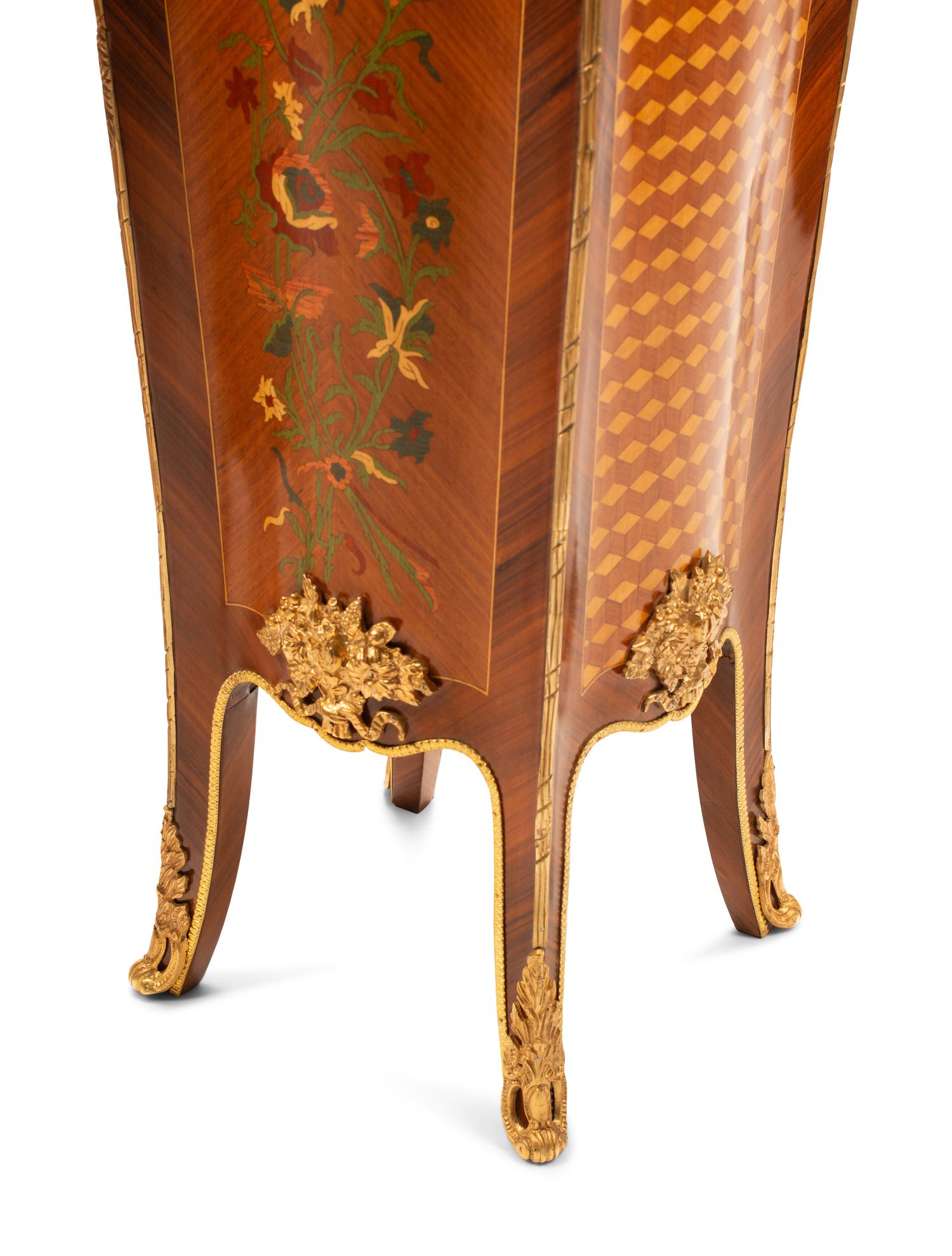 A Pair of Louis XV Style Gilt Metal Mounted Marquetry Marble-Top Pedestals