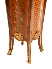 A Pair of Louis XV Style Gilt Metal Mounted Marquetry Marble-Top Pedestals