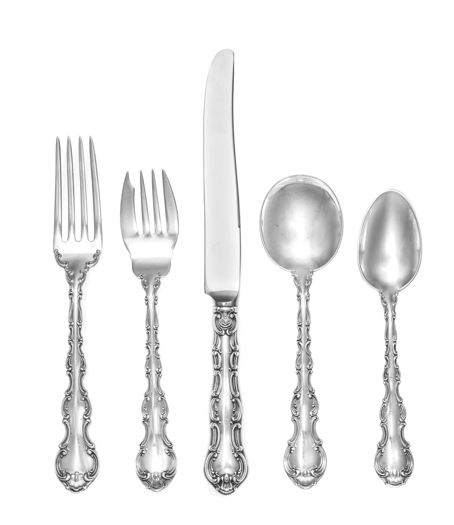 An American Silver Flatware Service, Gorham Mfg. Co., Providence, RI, Strasbourg pattern, comprising: 12 dinner knives 12 butter speade