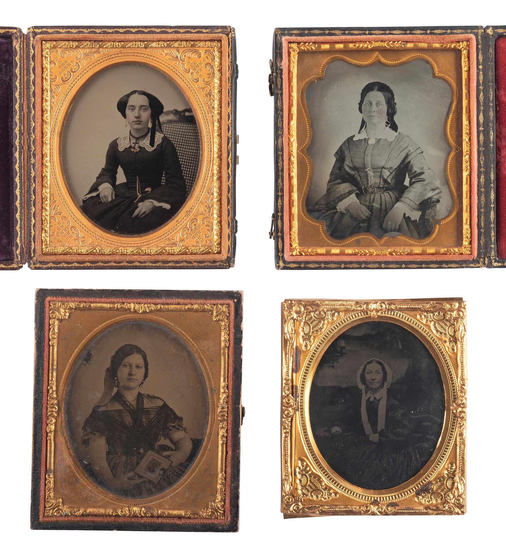 [EARLY PHOTOGRAPHY]. A group of 20 assorted portraits of women of varying ages, highlighted by half plate daguerreotype of two women, possibly sisters.