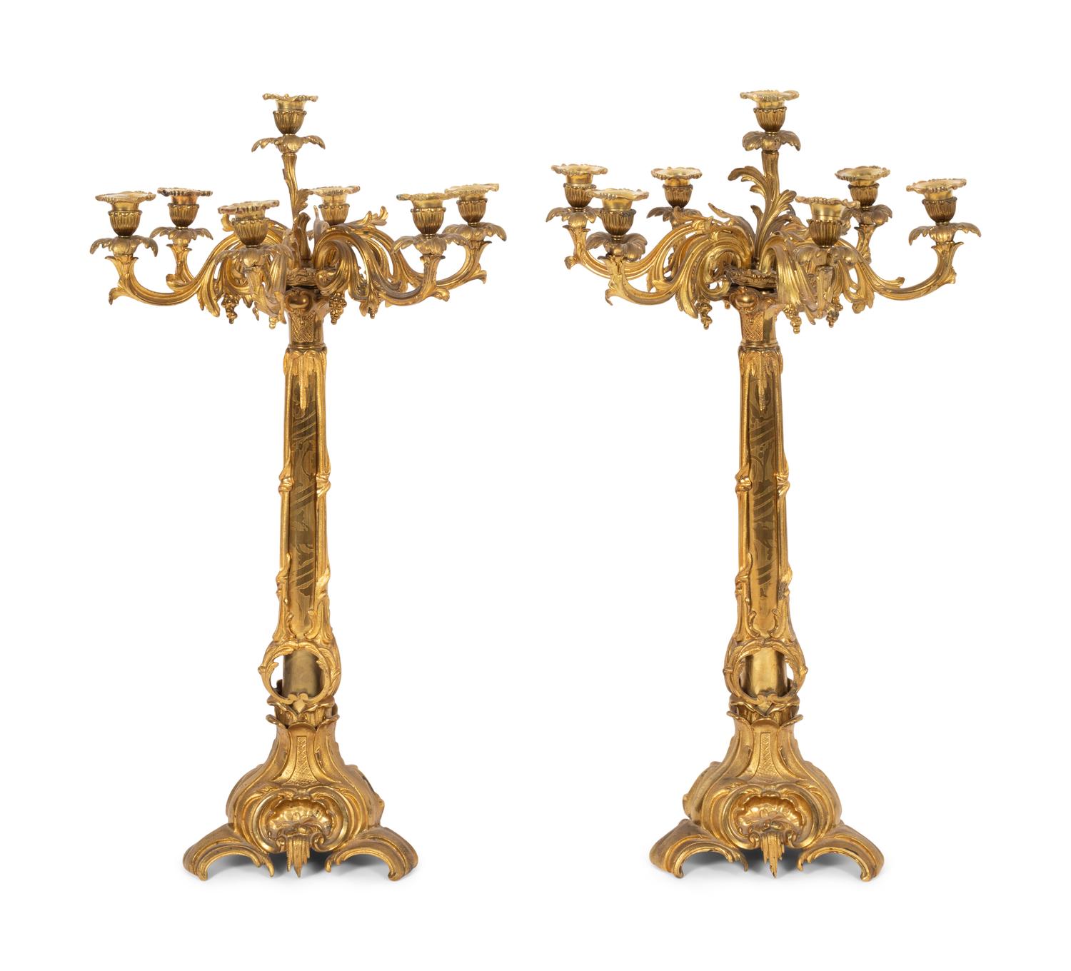 A Pair of Louis XV Style Gilt Bronze Seven-Light Candelabra