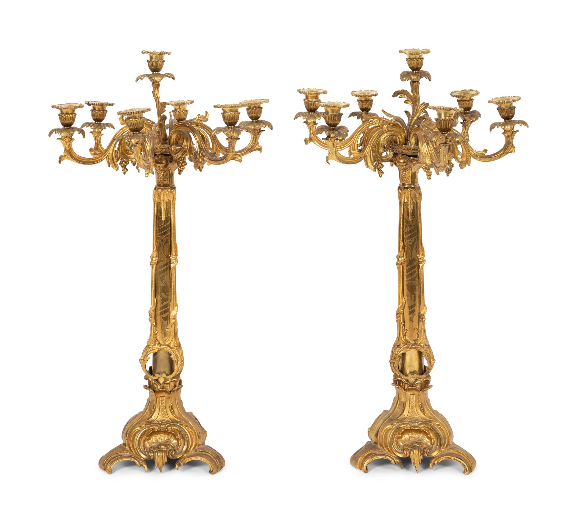 A Pair of Louis XV Style Gilt Bronze Seven-Light Candelabra