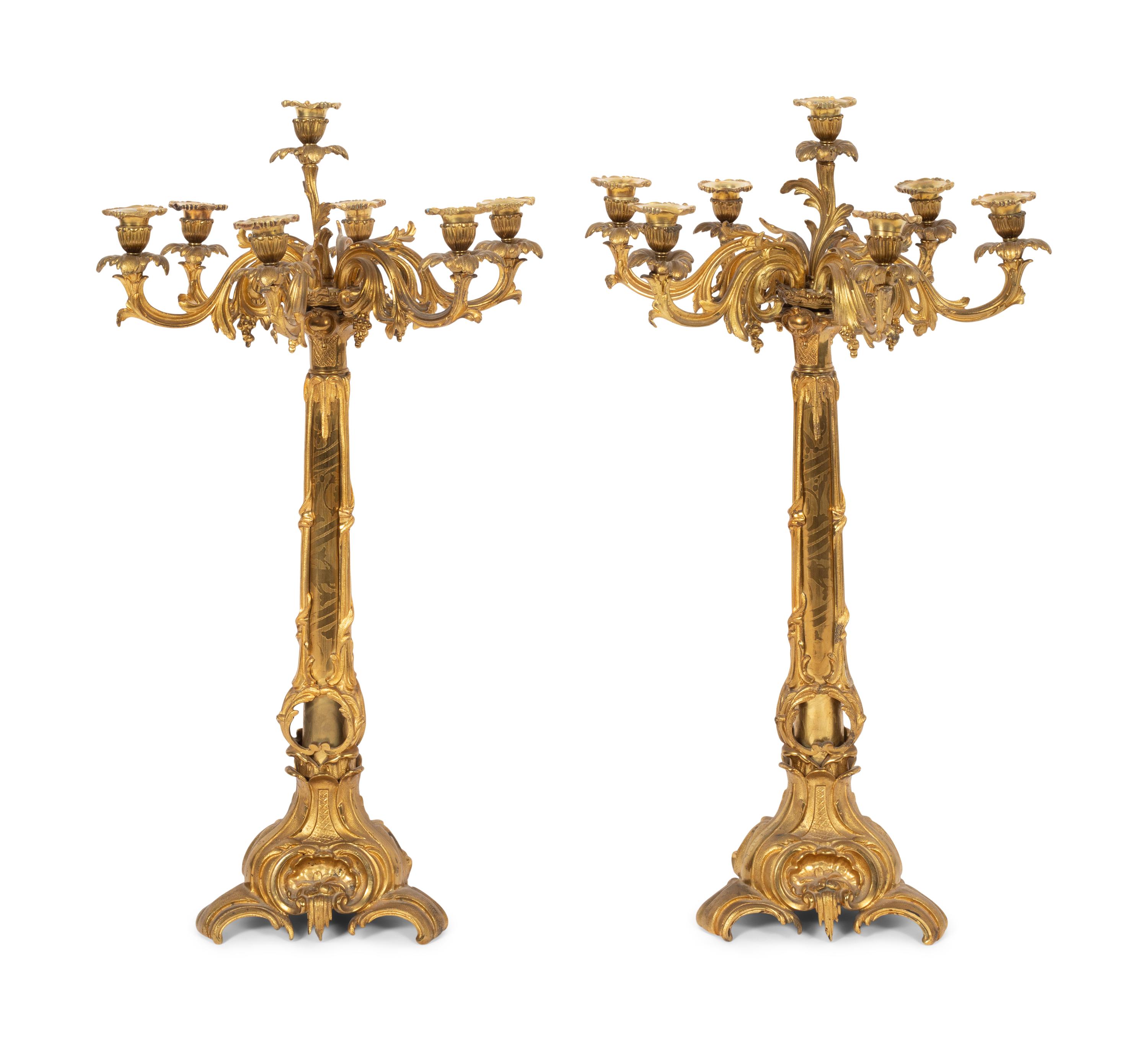 A Pair of Louis XV Style Gilt Bronze Seven-Light Candelabra