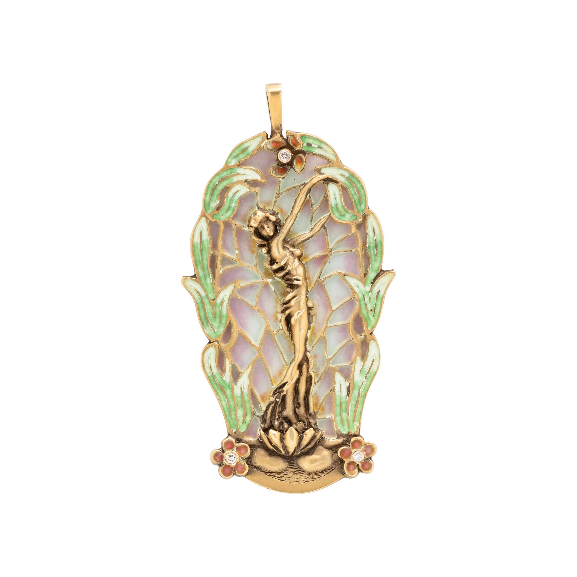 YELLOW GOLD, DIAMOND AND PLIQUE-A-JOUR PENDANT