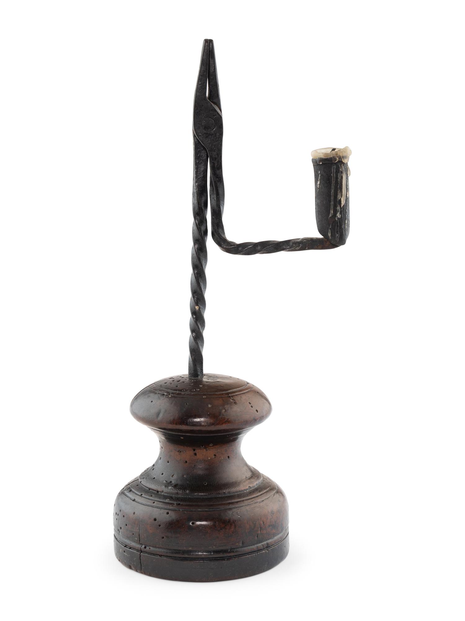 A Welsh Turned Wood and Wrought Iron Rushlight Holder