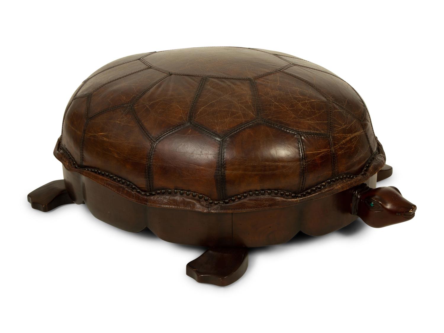 A Carved Wood and Leather Turtle Foot Stool — LATE 20TH CENTURY