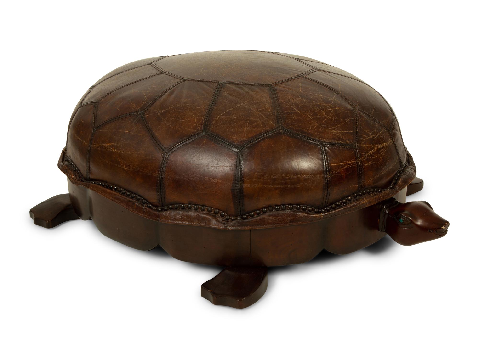 A Carved Wood and Leather Turtle Foot Stool — LATE 20TH CENTURY
