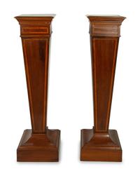 A Pair of Edwardian Style Satinwood Inlaid Mahogany Pedestals
