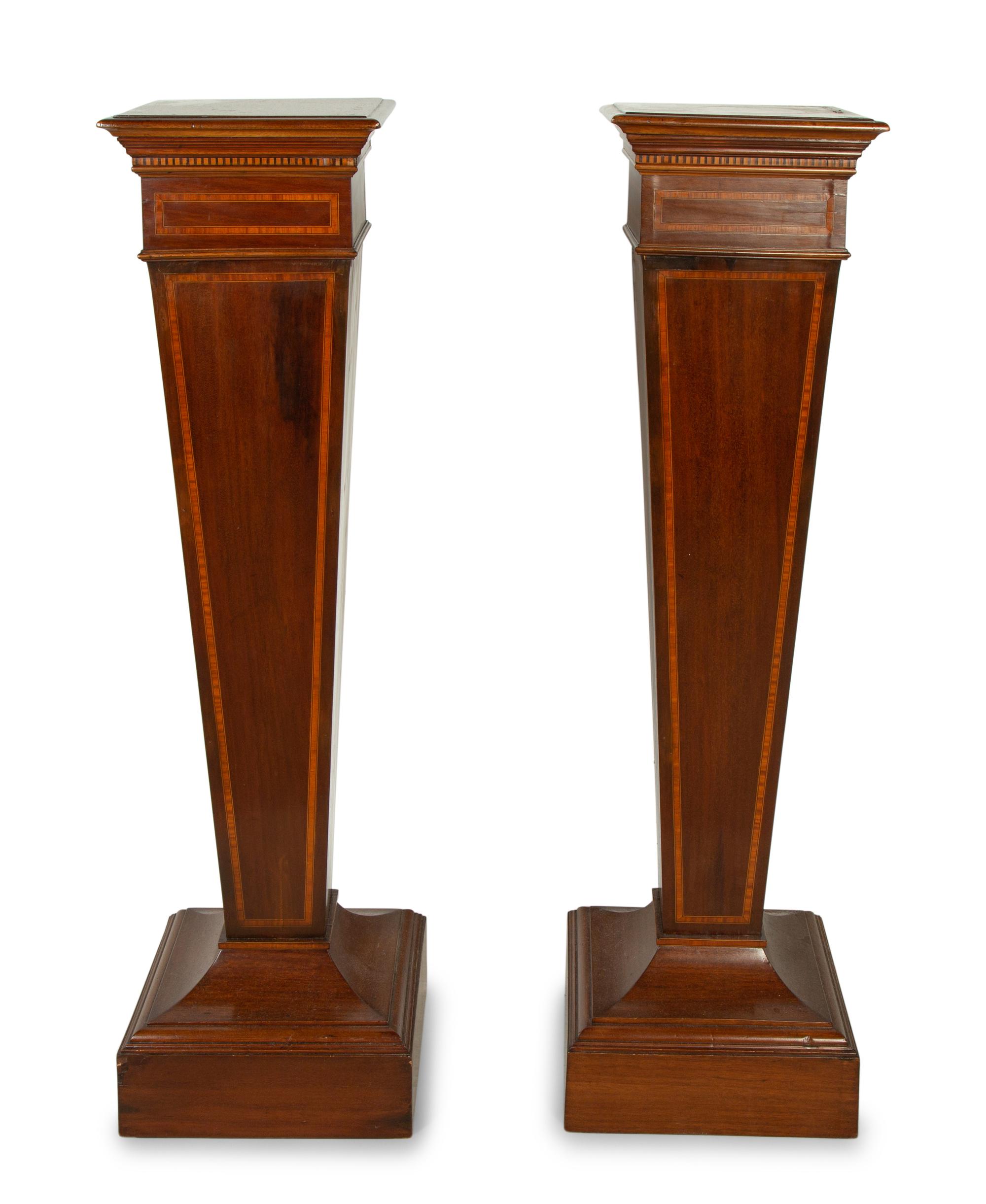 A Pair of Edwardian Style Satinwood Inlaid Mahogany Pedestals