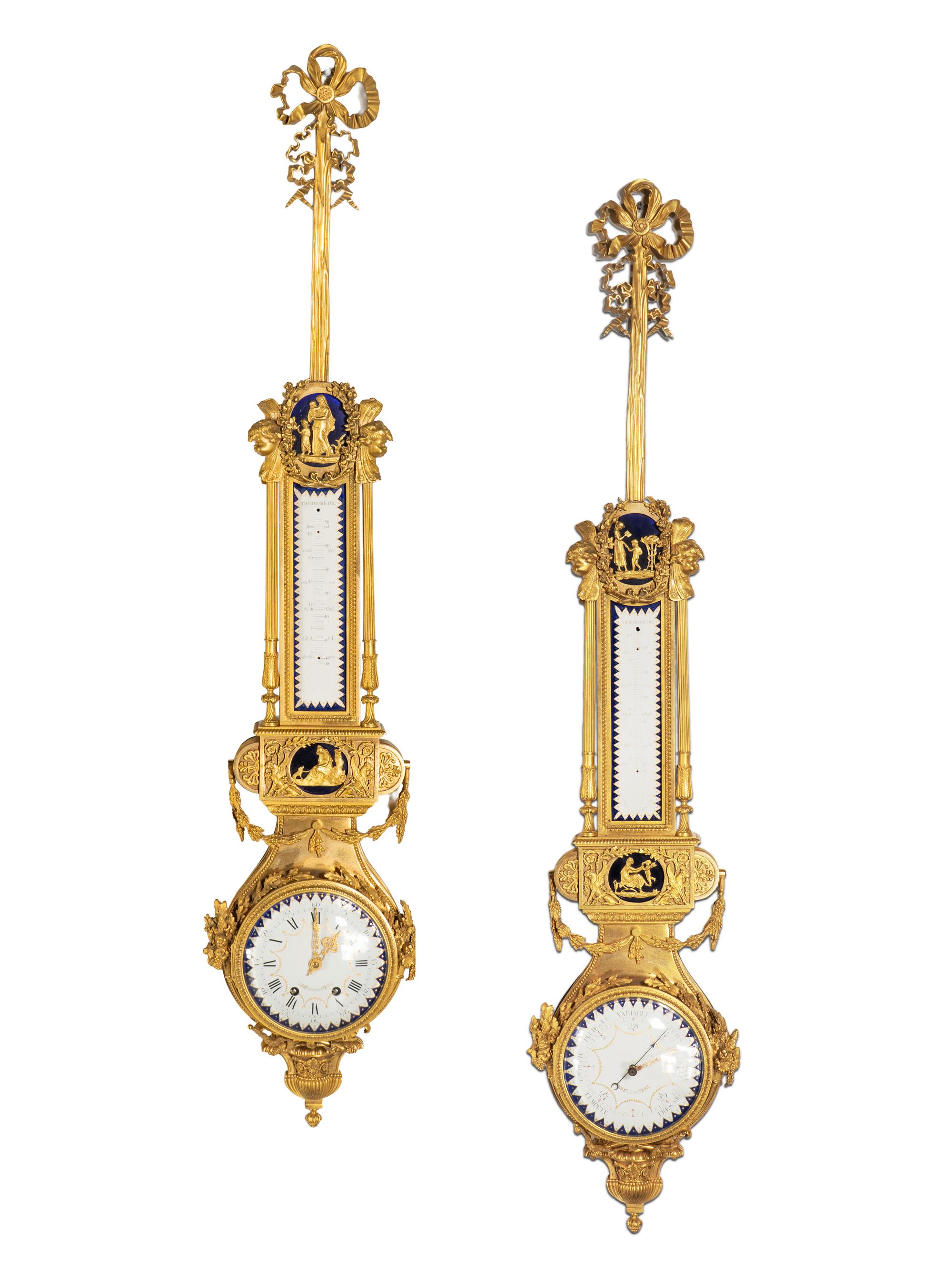A French Gilt Bronze, Blue Steel, and Enamel Cartel d'Applique and Barometer