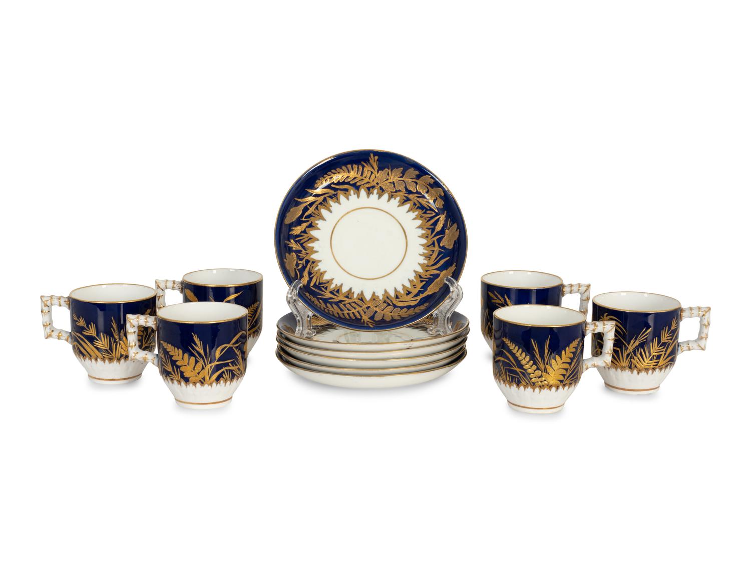 A Set of Six Burslem Porcelain Butterfly and Foliage Cups and Saucers — LATE 19TH CENTURY