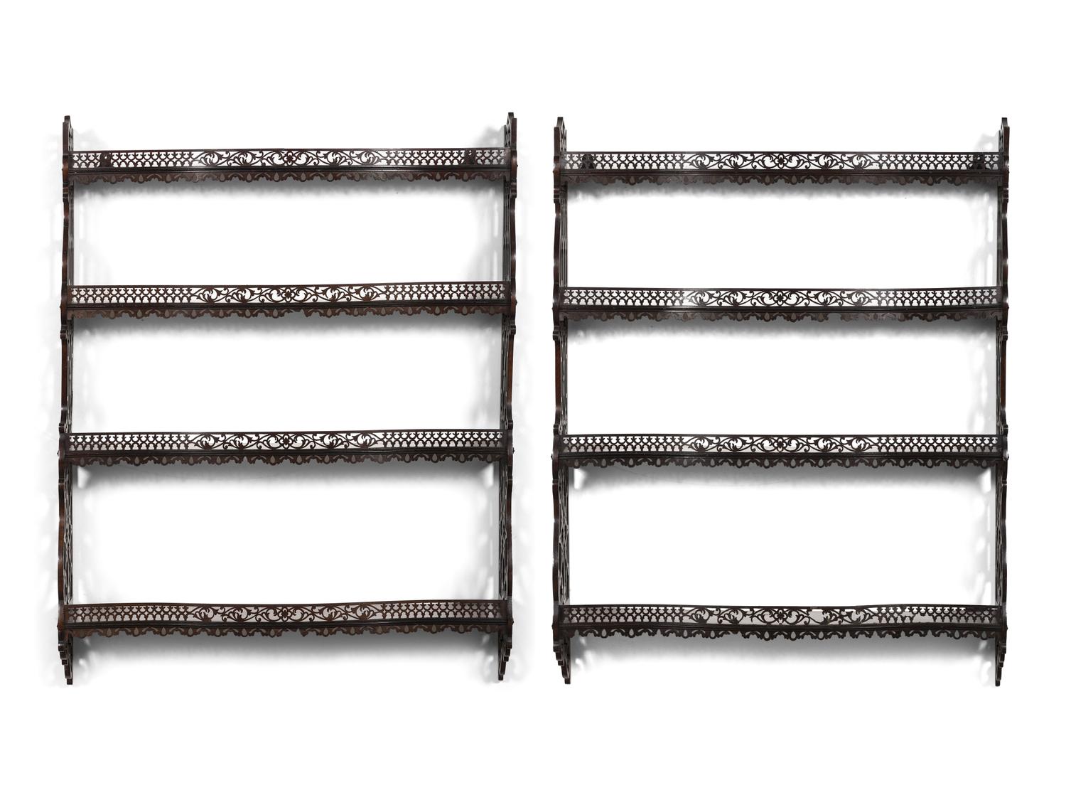 A Pair of Chinese Chippendale Pierced Mahogany Hanging Shelves