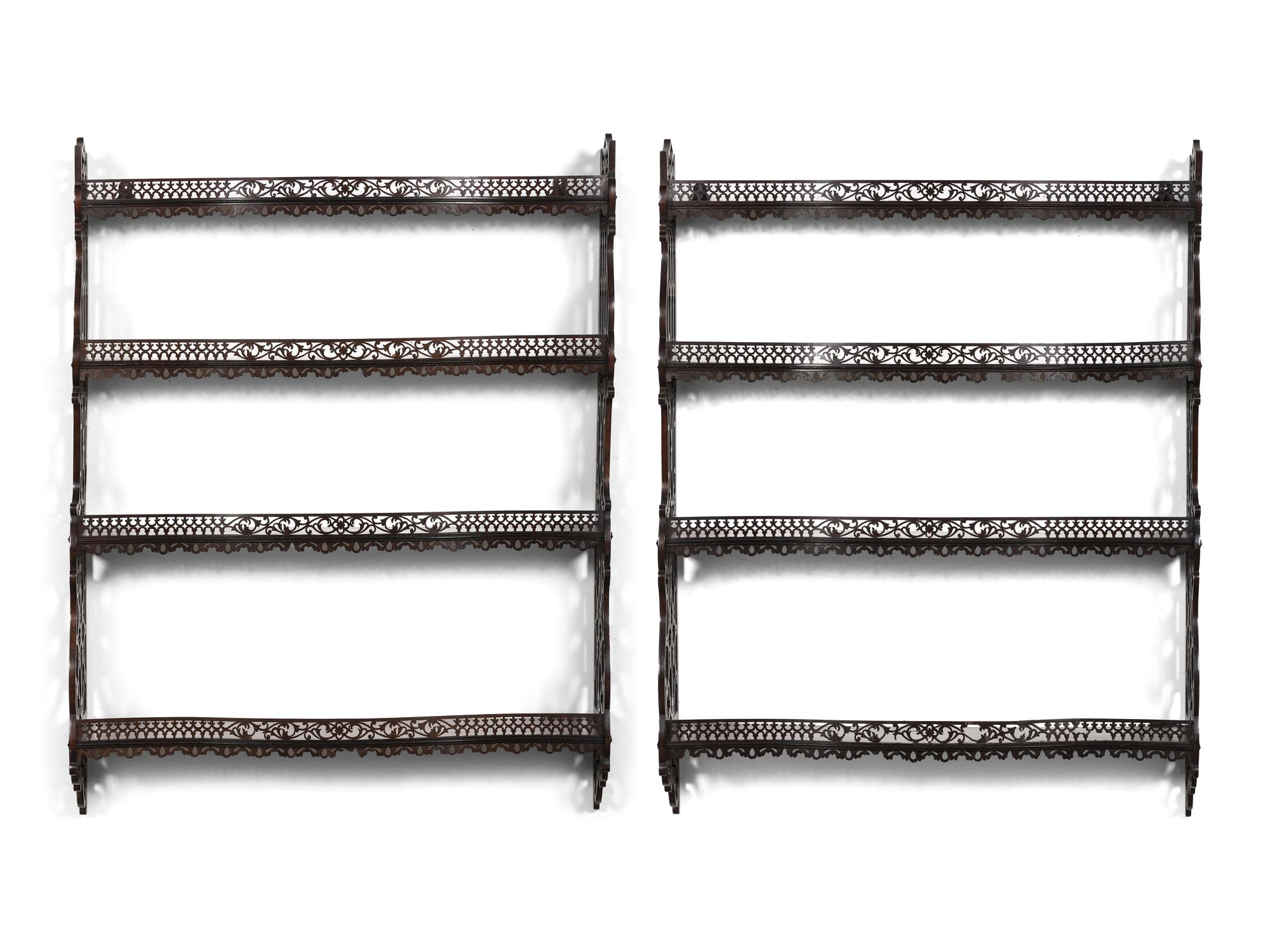 A Pair of Chinese Chippendale Pierced Mahogany Hanging Shelves