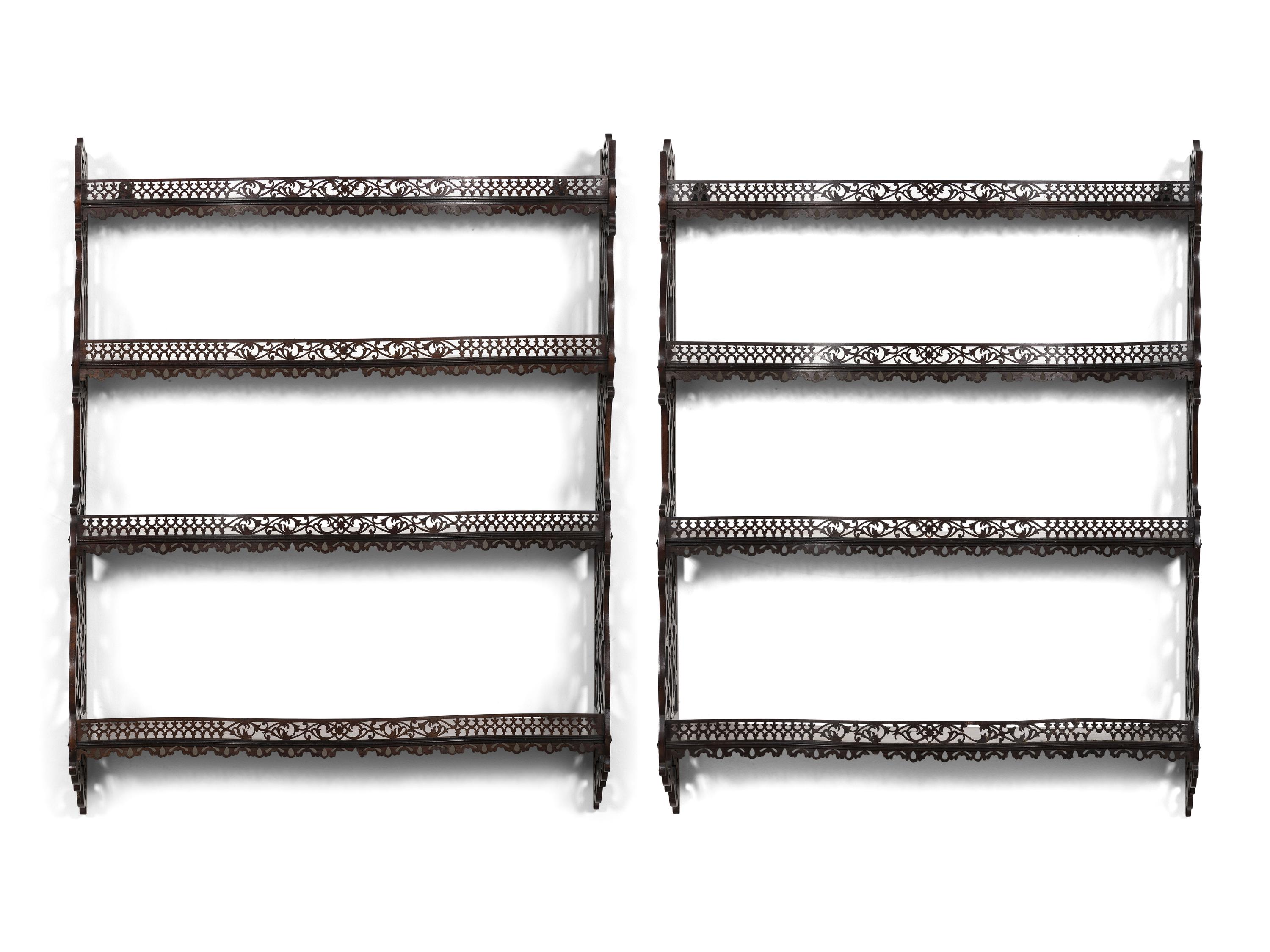 A Pair of Chinese Chippendale Pierced Mahogany Hanging Shelves