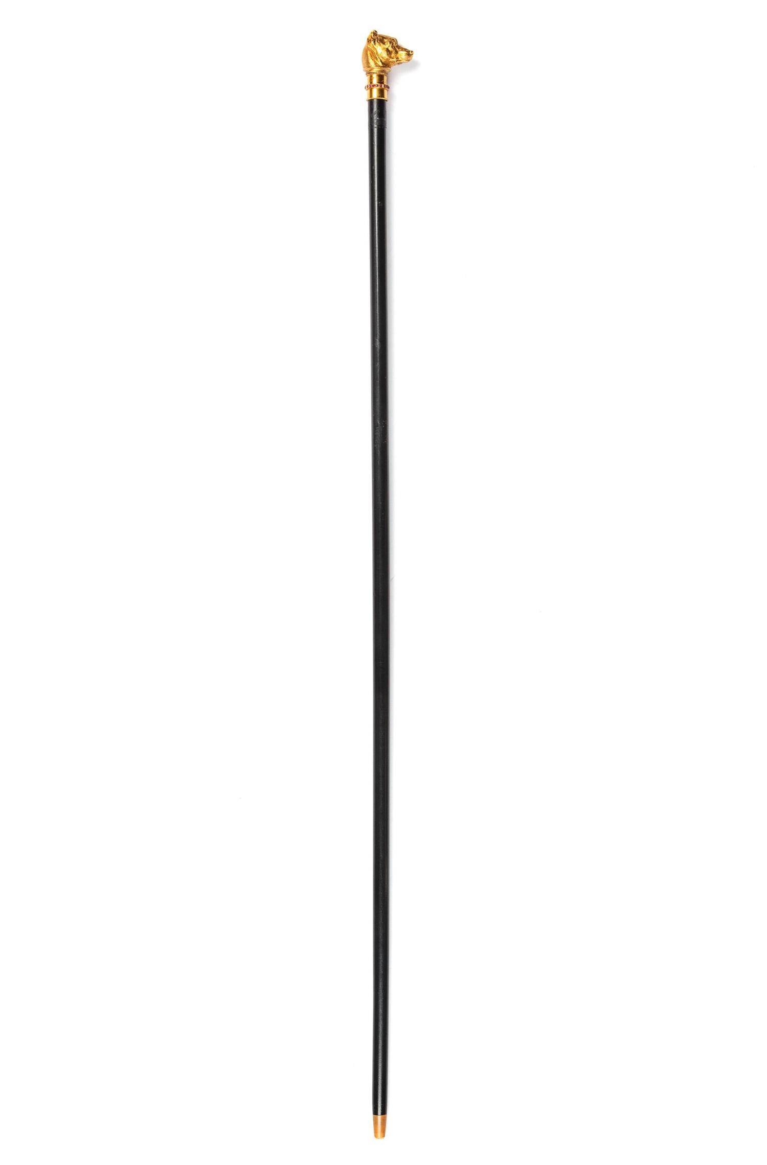 A Continental High-Karat Gold and Ruby-Inset Zoomorphic Walking Stick