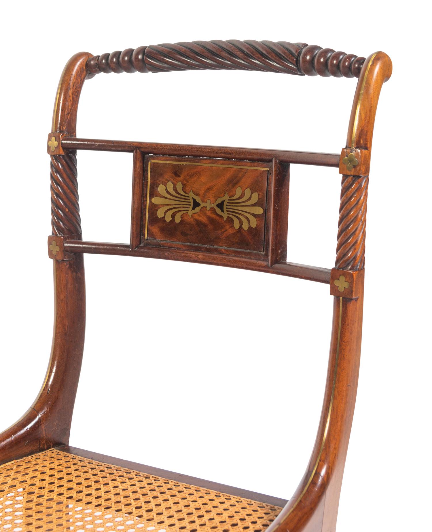 A Set of Regency Style Brass Inlaid Mahogany Dining Chairs