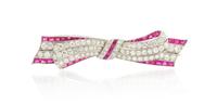 An Art Deco Platinum, Ruby, Synthetic Ruby and Diamond Bow Brooch, 8.20 dwts.