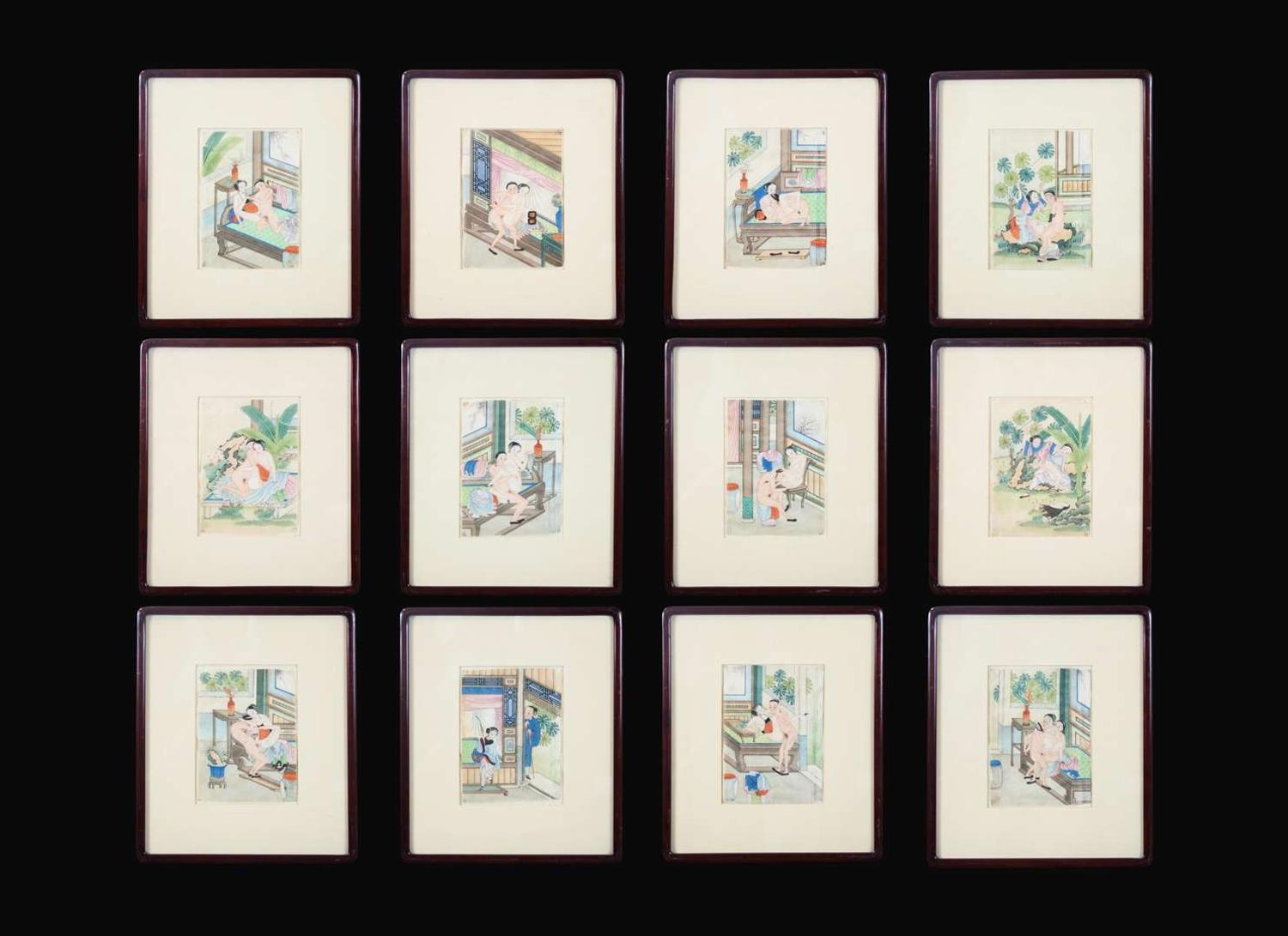 A set of twelve Chinese erotic album leaves, late Qing dynasty to Republic period 春宮圖一組十二幅 晚清至民國