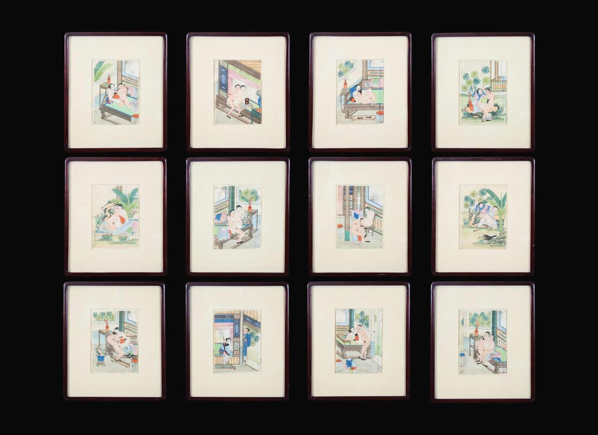 A set of twelve Chinese erotic album leaves, late Qing dynasty to Republic period 春宮圖一組十二幅 晚清至民國