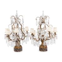 A Pair of French Gilt Metal and Cut Glass Six-Light Girandole Lamps