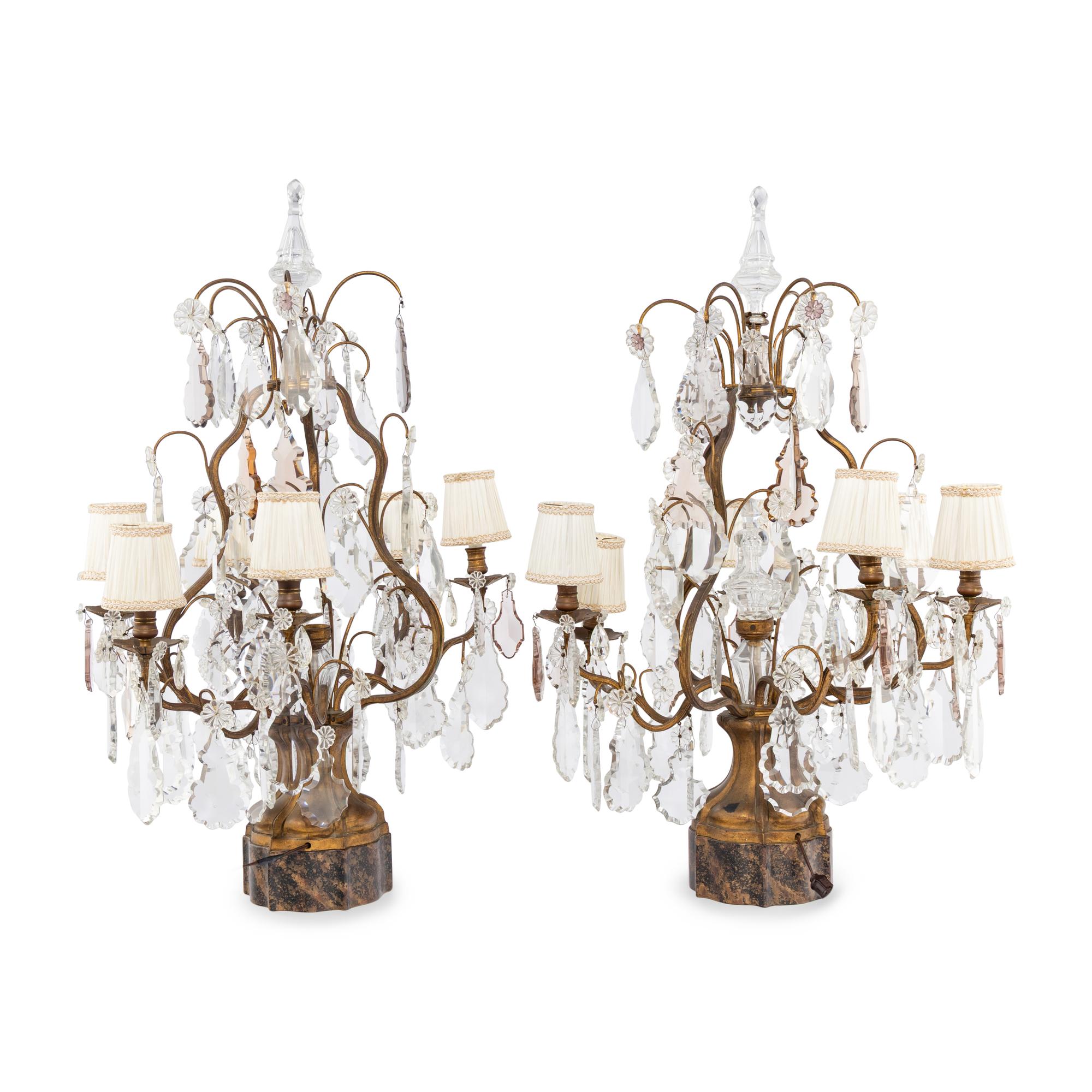 A Pair of French Gilt Metal and Cut Glass Six-Light Girandole Lamps