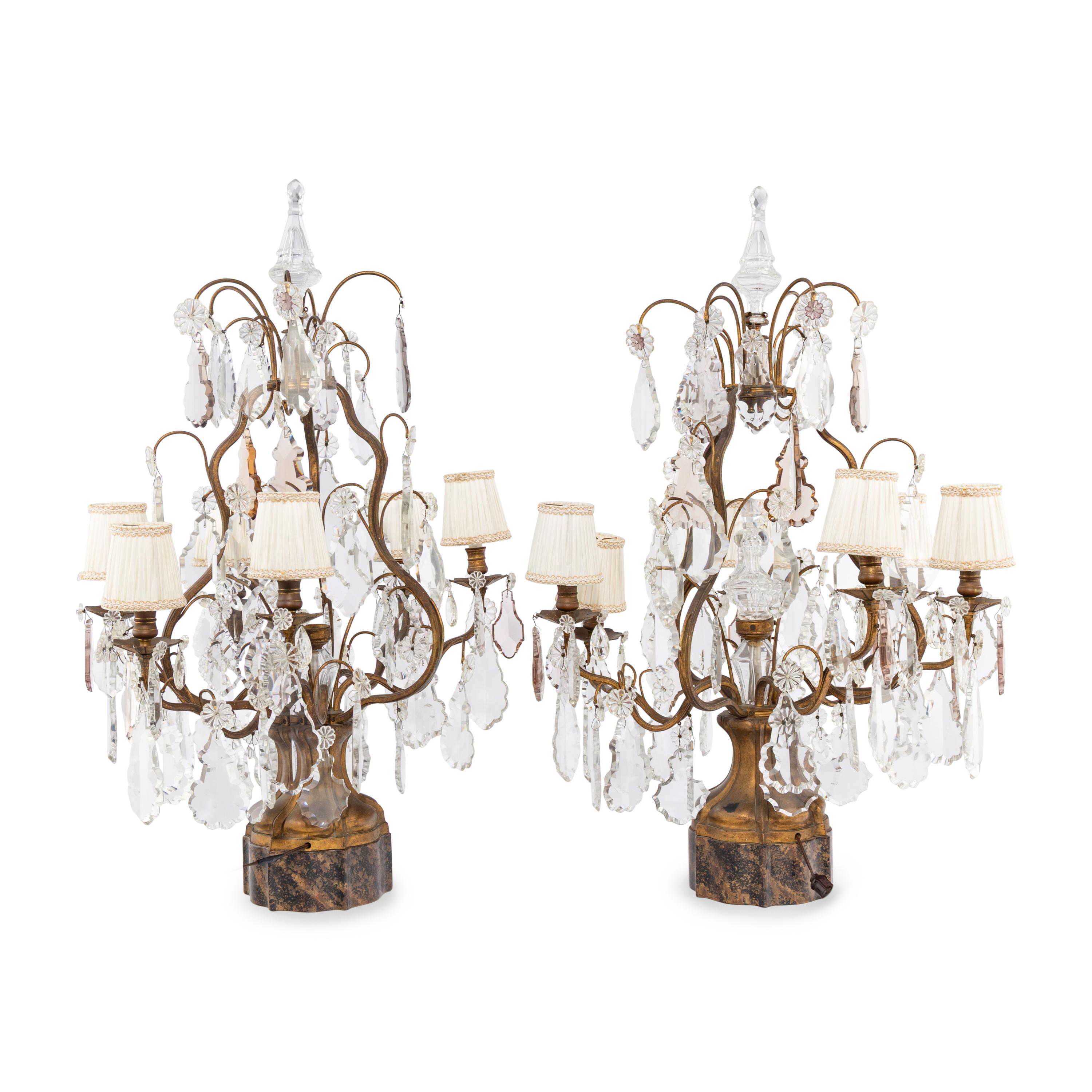 A Pair of French Gilt Metal and Cut Glass Six-Light Girandole Lamps