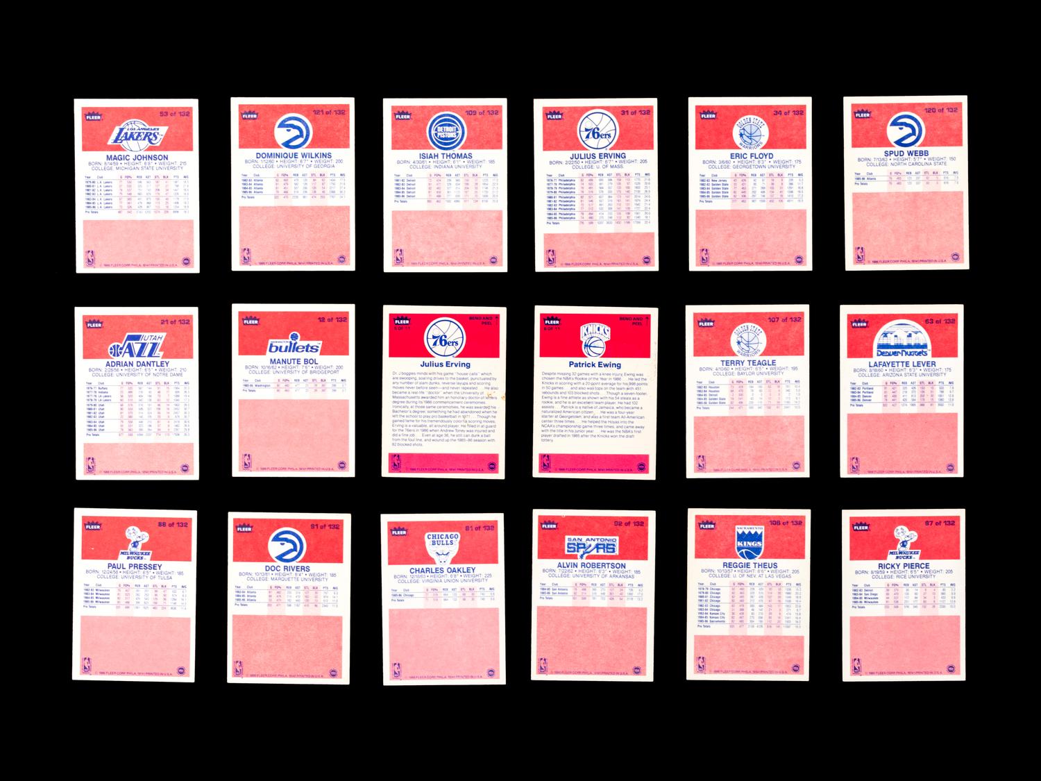 A Group of 71 1986 Fleer Basketball Cards and Stickers (Including Julius Erving, Patrick Ewing, Magic Johnson and Hakeem Olajuwon)