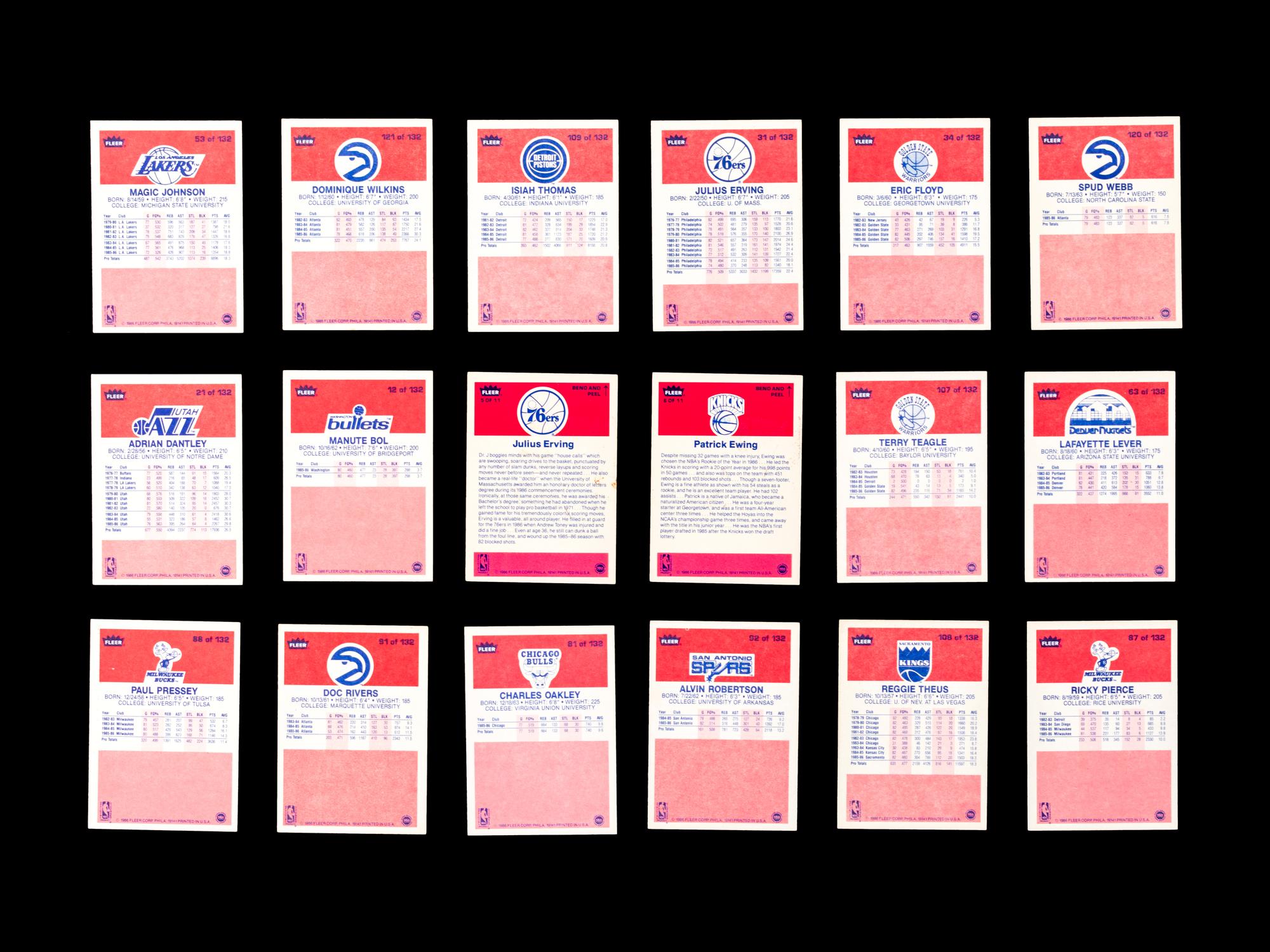 A Group of 71 1986 Fleer Basketball Cards and Stickers (Including Julius Erving, Patrick Ewing, Magic Johnson and Hakeem Olajuwon)