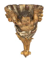 An Italian Carved and Polychrome Decorated Corner Wall Bracket