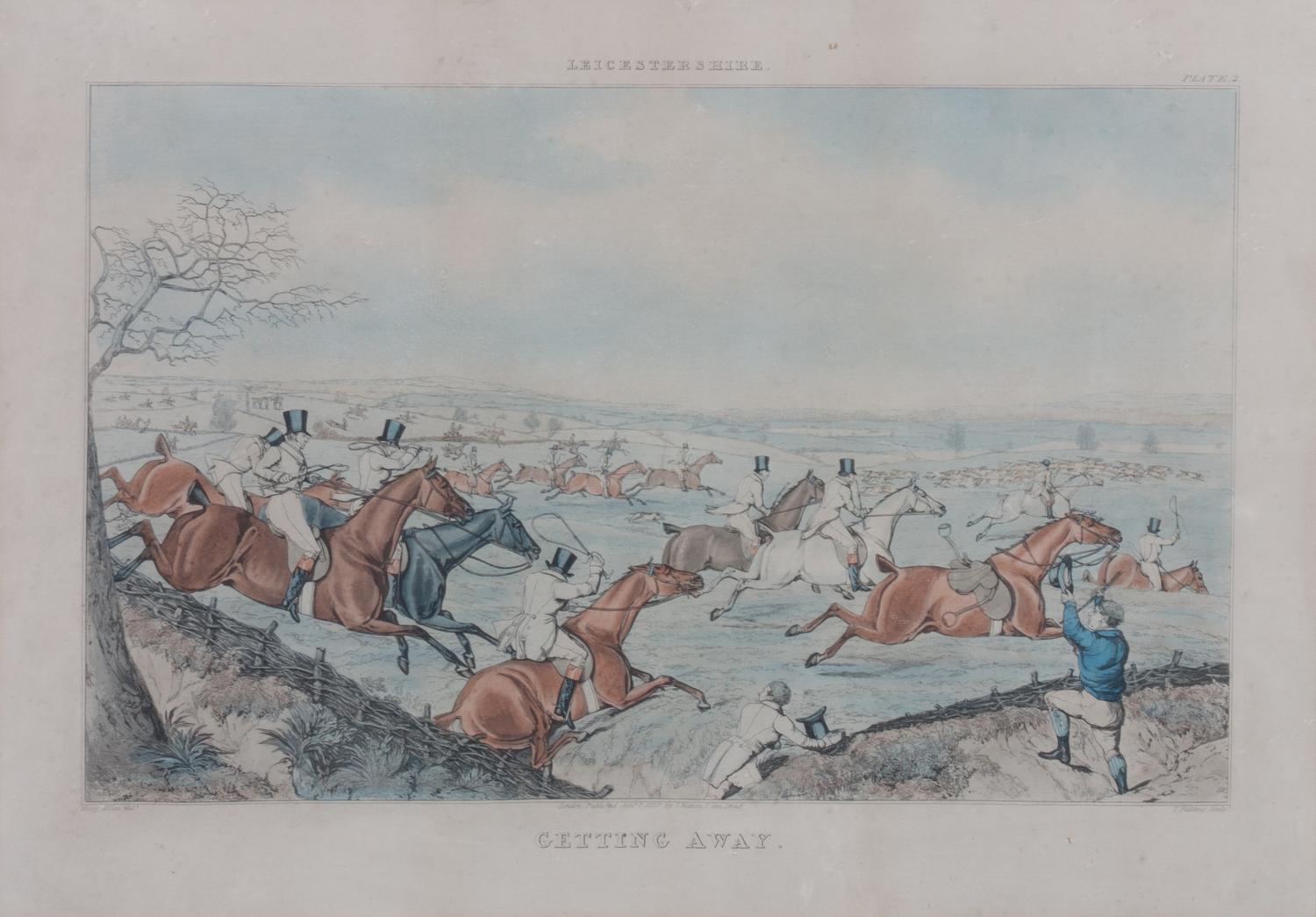 After Henry Alken, (British, 1785-1851), Full Cry, Getting Away, The Death and The Meeting, (four works from the Leicestershire series)