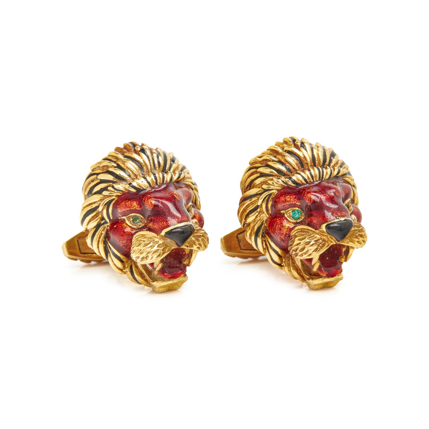 YELLOW GOLD, ENAMEL, AND EMERALD LION CUFFLINKS