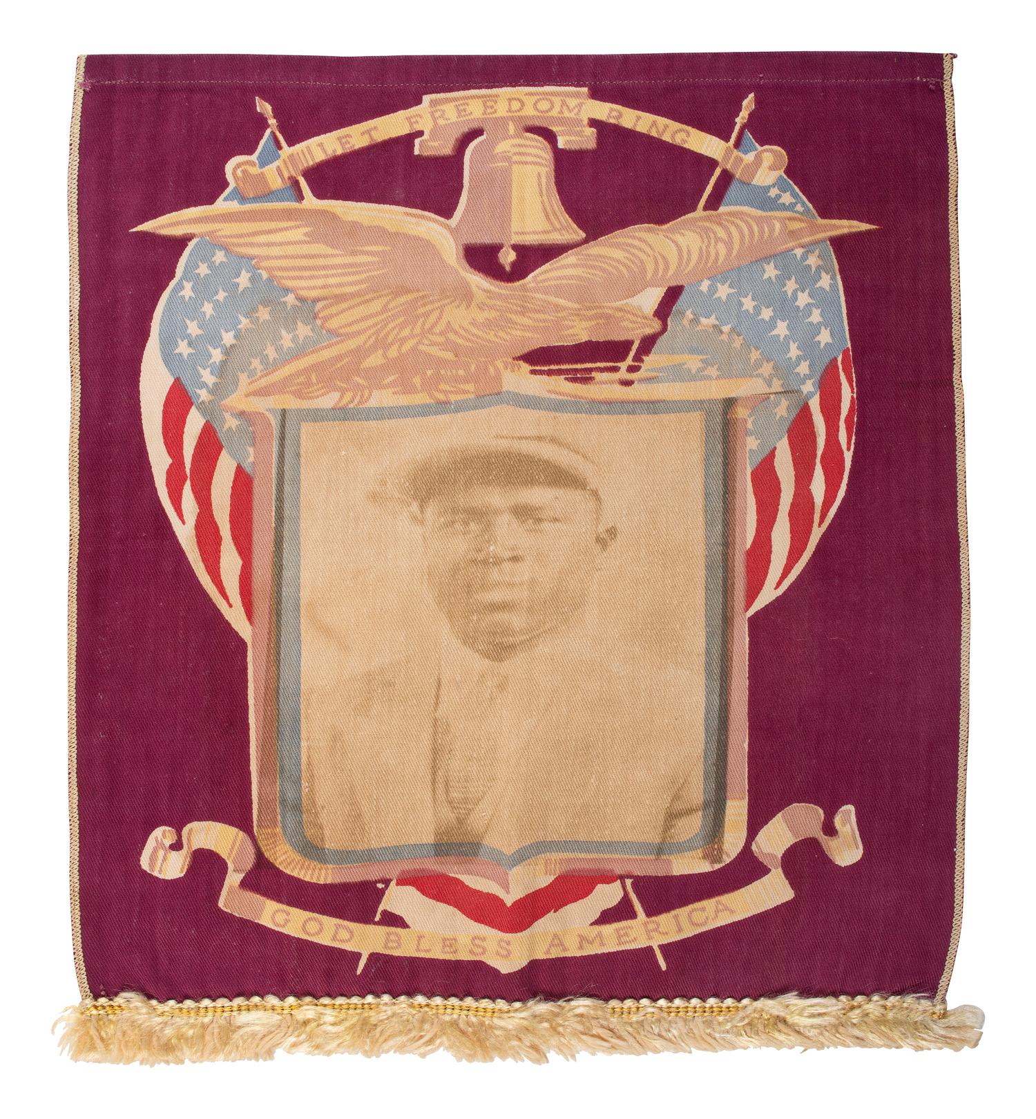 [WORLD WAR I]. Patriotic banner featuring photographic portrait of African American soldier.