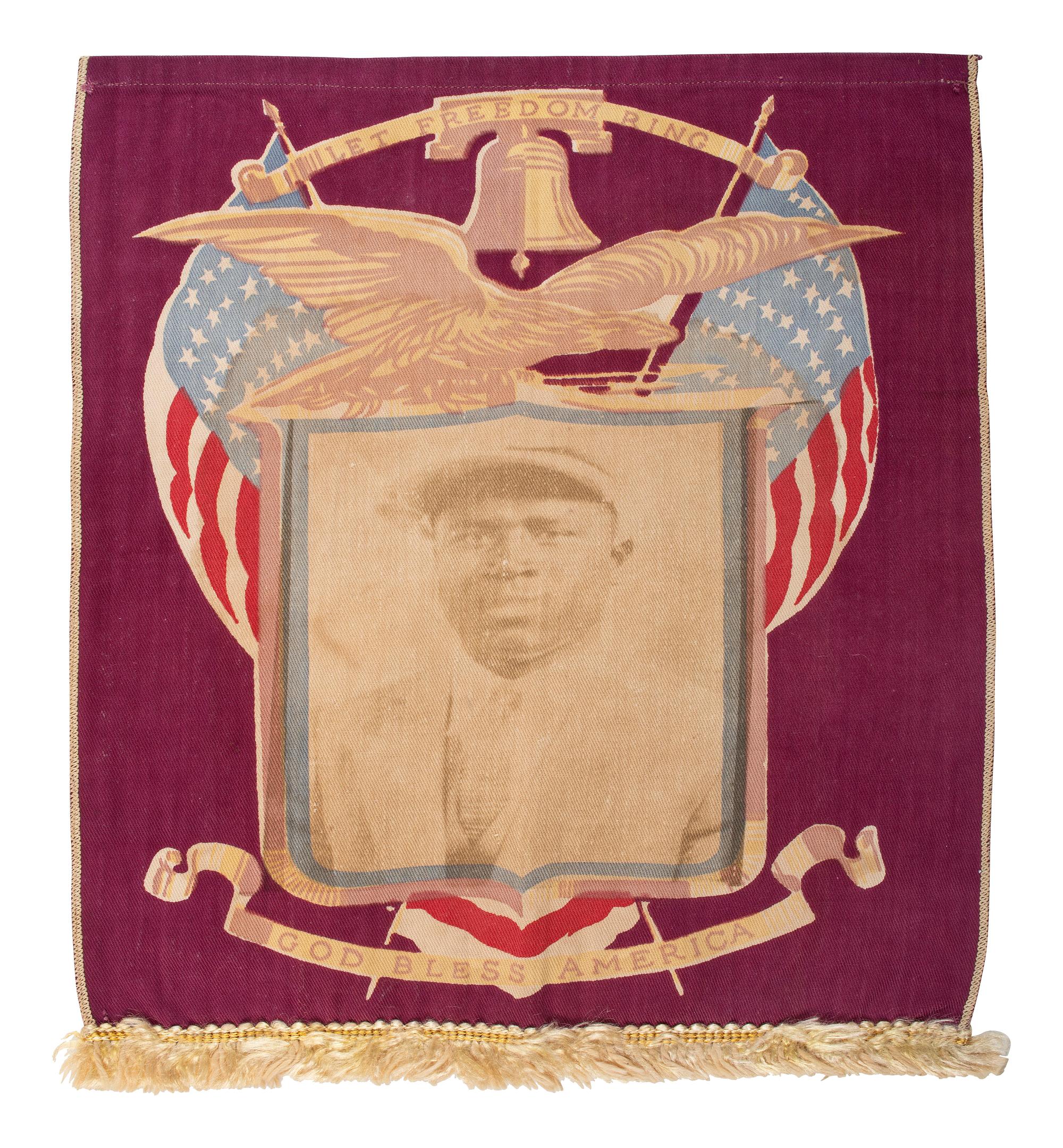 [WORLD WAR I]. Patriotic banner featuring photographic portrait of African American soldier.