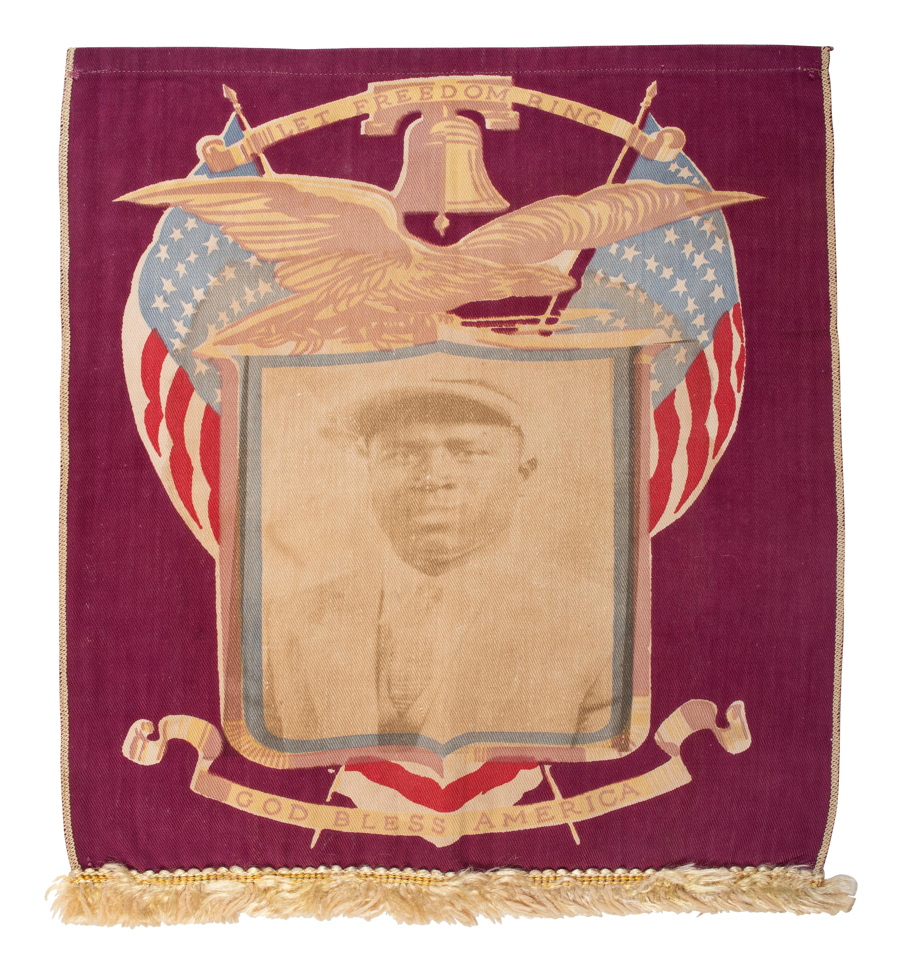 [WORLD WAR I]. Patriotic banner featuring photographic portrait of African American soldier.