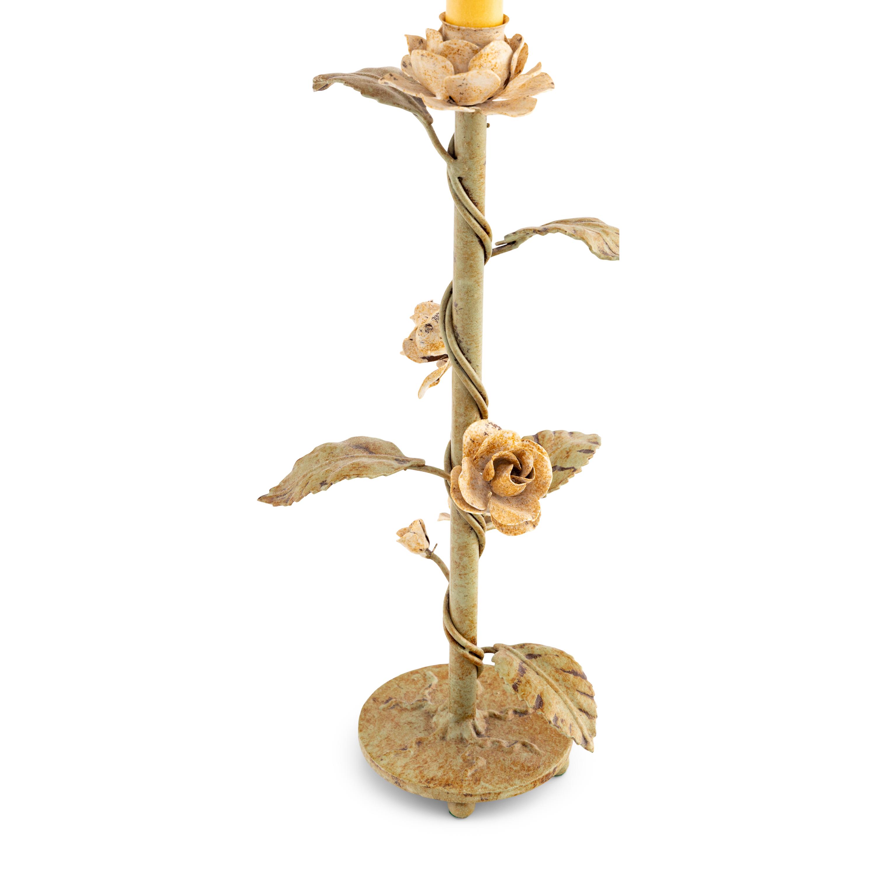 A Pair of Painted Tole Floral Table Lamps