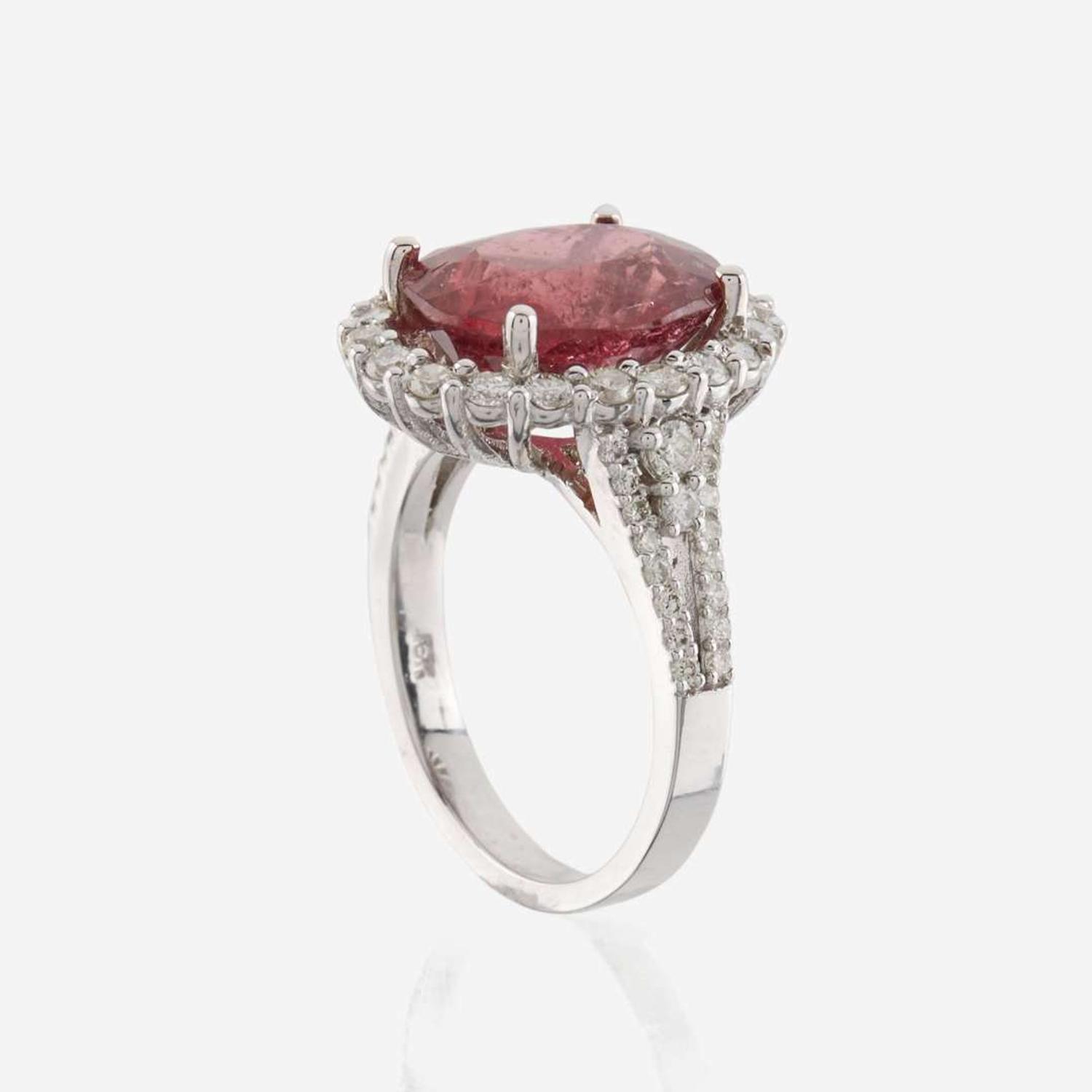A pink tourmaline, diamond, and white gold ring